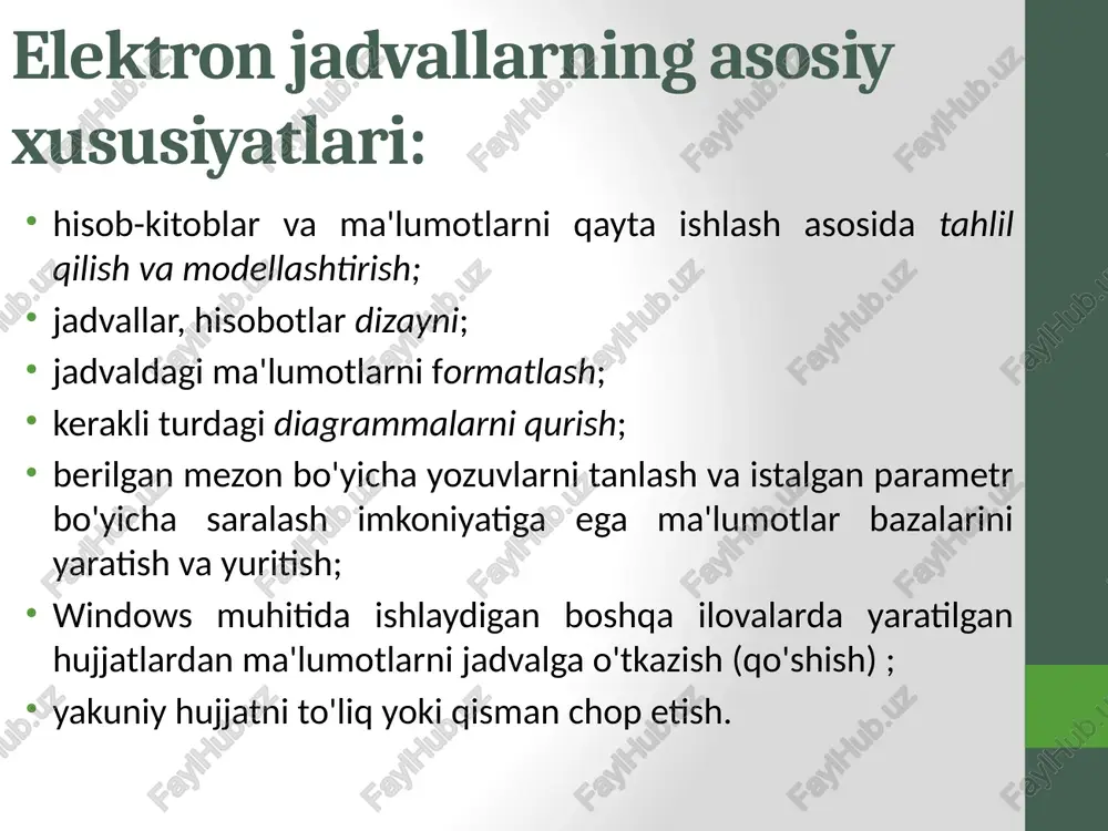 ksi va boshqalar. formulalardagi havolalar bog'lanish turlari aralash absolut nisbiy formulalar katak manzillaridan foydalanadi. bog'lanishlarning ikkita asosiy turi mavjud: nisbiy va absolut, qo'shimcha ravishda aralash havolalardan foydalanish mumkin. bog'lanish turlari o'rtasidagi farq formulani faol hujayradan boshqa katakchalarga nusxalashda paydo bo'ladi. bog'lanish turlari nisbiy. formuladagi nisbiy havolalar qator yoki ustunga nusxalanganda avtomatik ravishda o'zgaradi. bu birinchi darsda fevral oyi xarajatlarini hisoblash uchun yanvar formulasini nusxalash imkonini berdi. bu erda ko'rsatilgan misolda ko'rsatilgandek, =c4*$d$9 formulasini qatordan qatorga ko'chirganingizda, nisbiy hujayra havolasi c4 dan c5 va c6 ga o'zgaradi . absolut. absolut katakdoimiy qiymatga ega. formulani katakchadan katakka ko'chirishda absolut havolalar o'zgarmaydi. absolut katak dollar belgisi ($) bilan belgilanadi, masalan, $d$9. rasmda ko'rsatilganki, =c4*$d$9 formulasini satrdan qatorga ko'chirishda $d$9 katakka absolut katak o'zgarmaydi. aralashgan. aralash mos yozuvlar ustun absolutva satr nisbiy yoki ustun nisbiy va satr absolut hisoblanadi. masalan, $a1 havolasi a ustunida mutlaq va 1-qatorda nisbiydir . aralash moslamani katakchadan katakka ko'chirganingizda, …