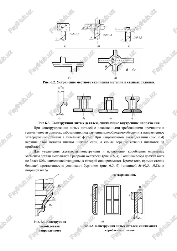 stenok pri perexode ot odnogo secheniya k drugomu doljno bit ne bolshe 4:1. pri sootnoshenii sopryagaemix tolshin s:s1 6. esli na detal deystvuyut udarnie nagruzki, to pri s:s1>2 perexodi vipolnyayut v vide klinovidnogo sopryajeniya (ris. 6.6). dlinu uchastka perexoda ot odnoy tolshini k drugoy prinimayut dlya otlivok iz chuguna, magnievix i alyuminievix splavov l>4 (sl1/s+l1) (6.2) dlya stalnix otlivok l>5 (sl1/s+l1) (6.3) ris. 6.6. sxemi vipolneniya odnostoronnix (a) i dvustoronnix (b) klinovix sopryajeniy. perexod ot tolstogo secheniya k tonkomu pri s/sj > 4 (ris. 6.6, b) osushestvlyayut s pomoshyu uchastka, dlinu kotorogo prinimayut ravnoy: dlya otlivok iz chuguna i tsvetnix splavov (6.4) dlya stalnix otlivok (6.5) pri uglovom sopryajenii stenok raznoy tolshini s sootnosheniem s/sj 2 perexod neobxodimo oformit, kak pokazano na ris. 6.8. dlya chugunnogo i tsvetnogo litya h=4c; dlya stalnogo litya h=5c. tri stenki sopryagayutsya po variantam a, b, v, kak pokazano na ris. 6.9. zdes: pri ; …