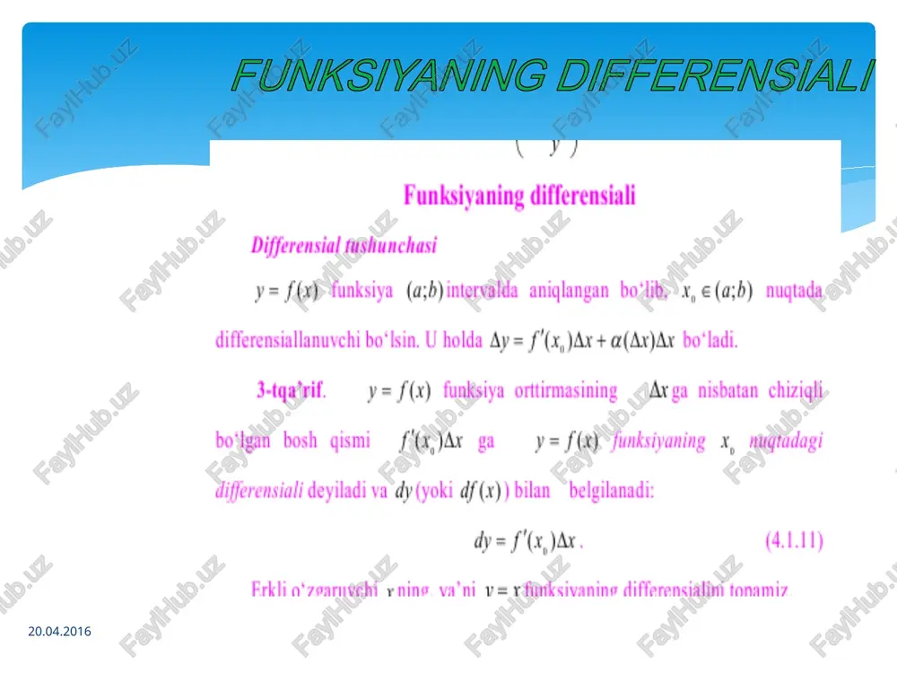 eb qaralsa birinchi qo‘shiluvchi, agar u(x)v(x) darajali funksiya deb qaralsa ikkinchi qo‘shiluvchi hosil bo‘ladi. misol. y=xx-1 funksiyaning hosilasini toping. yechish. (1) formulani qo‘llaymiz. y’=y(lnxx-1)’=xx-1((x-1)lnx)’= xx-1(lnx+1 ). hosila jadvalni to’ldiring. hosilani klaster yordamida yoriting. logarifmik va daraja-ko‘rsatkichli funksiyalarning hosilasi nimaga teng? 1. quyidagi murakkab funksiyalarning hosilalarini toping: a) y=(3x3-4x2+7)6; b) y= ; c) y= ; d) y=arctg(3-x2). 2. ushbu f(x)=x3 funksiyaga teskari bo‘lgan funksiyaning x=5 nuqtadagi hosilasini toping. 3. giperbolik (shx, chx, thx va cthx ) funksiyalarning hosilalari uchun formulalar keltirib chiqaring. 4. teskari giperbolik funksiyalarning hosilalari uchun formulalar keltirib chiqaring. 5. quyidagi funksiyalarning hosilalarini toping: a) y=3xtgx; b) y=ln34x; c) y=sin3x+21-2x; d) y= . mustaqil yechish uchun misol va masalalar o’tilgan mavzu bo’yicha savol-javob h s l 0 i a 1 3 4 6 5 2 30 1) ratsional hamda irratsional sonlar umumiy nom bilan qanday sonlar deb nomlanadi ? 2) y=f(x) - (x-) ko’rinishidagi tenglama f(x) funksiyaning m(f() nuqtasida …