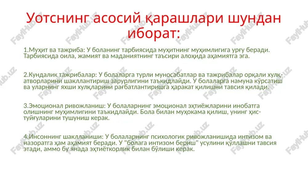ng radikal bixeviorzm nazariyasi b. f. skinnerning radikal bixeviorizmi psixologik nazariyalarning bir bo'lagi bo'lib, u inson va hayvonlarning xulq-atvorini asosan tashqi muhit ta'siri va oralashuvi asosida tushunishga qaratilgan. skinner bu nazariyani rivojlantirib, xulq-atvorni shakllantirishda faqat ichki jarayonlar (masalan, tuyg'ular, hislar) emas, balki tashqi sharoitlarni ham muhim deb hisobladi. radikal bixeviorizmning asosiy xususiyatlari: xulq-atvorni tadqiq qilish: skinner xulq-atvorni o'zgartirishga va tahlil qilishga yondshdi. u xulq-atvorni eksperimental shartlarda tadqiq qilishni afzal ko'rdi. operant o'rganish: u, asosan, operant o'rganish nazariyasini rivojlantirdi, ya'ni xulq-atvorning natijalari (mukofot va jazo) orqali qanday o'zgaradiganini tadqiq qildi. musbat mukofot xulq-atvorni rag'batlantiradi, manfiy mukofot esa uni rag'batlantirish uchun kerak. radikal bixeviorizmning asosiy xususiyatlari: internalizmga qarshi: skinner radikal bixeviorizm doirasida ichki holatlarni (misol uchun, his-tuyg'ular) inkor etdi. uning fikricha, psixologiyada muhim bo'lgan eng aniq ma'lumotlar – bu xulq-atvorning o'zidir. ijtimoiy muhit: u ijtimoiy muhitning inson xulq-atvoriga ta'sirini ham qo'llab-quvvatladi. muxit va ta'lim bolaning xulq-atvorini shakllantirishda katta rol o'ynaydi. modellar va …