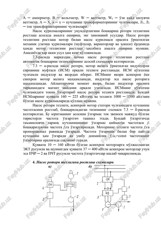 va yakordan iborat. ismning yakori asinxron yoki sinxron motor valiga mahkamlanadi, induktor esa nasos rotoriga mahkamlanadi. aylantiruvchi moment yakor bilan induktor oralig'i tirqishidagi magnit maydoni orqali uzatiladi. ismning qo'zg'atish chulg'amidagi tokni o'zgartirib nasos rotori tezligi rostlanadi. bunday ismlarning quvvati 160 ─ 225 kvtgacha va tezligi 1000 ─ 1500 ayl/min bo'lgan nasos qurilmalarida qo'llash mumkin. nasos rotori tezligi, asinxron motor statori chulg'amidagi kuchlanish chastotasini rostlab, boshqariladigan tizimning sxemasi 7.3 ─ b-rasmda keltirilgan. bu yuritmaning asosini o'zgarmas tok zvenosi mavjud bo'lgan tiristorli chastota o'zgartgich tashkil etadi. bunday o'zgartgichda ta'minlovchi tarmoq kuchlanishining o'zgarmas qiymatli chastotasi f1 boshqariluvchan chastota f2ga o'zgartiriladi. motorning tezligi chastota f2ga proportsional ravishda o'zgaradi. chastota o'zgarishi bilan bir paytda kuchlanish ham o'zgaradi va ushbu doimiylik f2/u2=const chastotaning o'zgartirish oralig'ida saqlanib turadi. quvvati 10 ─ 160 kvtli bo'lgan asinxron motorlarga mo'ljallangan ekt rusumli va shuningdek quvvati 37 ─ 400 kvtli asinxron motorlar uchun esa pchr ─ 2 va pcht rusumli chastota …