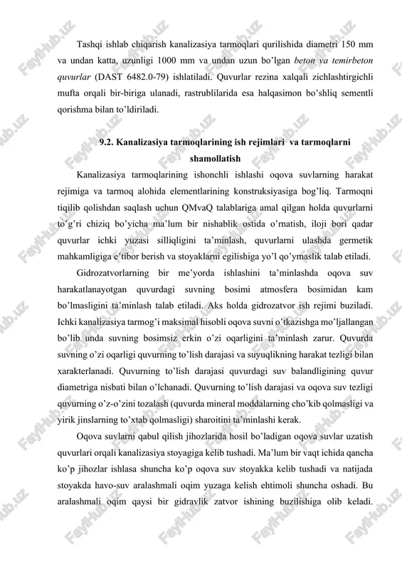 ’zini tozalash (quvurda mineral moddalarning cho’kib qolmasligi va yirik jinslarning to’xtab qolmasligi) sharoitini ta’minlashi kerak. oqova suvlarni qabul qilish jihozlarida hosil bo’ladigan oqova suvlar uzatish quvurlari orqali kanalizasiya stoyagiga kelib tushadi. ma’lum bir vaqt ichida qancha ko’p jihozlar ishlasa shuncha ko’p oqova suv stoyakka kelib tushadi va natijada stoyakda havo-suv aralashmali oqim yuzaga kelish ehtimoli shuncha oshadi. bu aralashmali oqim qaysi bir gidravlik zatvor ishining buzilishiga olib keladi. hohlanmagan bu holatning ro’y berishi stoyak va uzatish quvurlarining gidravlik ish rejimlariga bog’liq bo’ladi. uzatish quvuri va shamollatish mo’risi bilan jihozlangan stoyakning ish rejimini tahlil qilamiz. kam miqdordagi oqova suvlarni uzatish quvuri orqali stoyakka tashlaganimizda oqim stoyakning ichki yuzasiga uriladi va xalqa bo’yicha uni yuvib pastga intiladi. quvurdagi gaz va havo quvurning ma’lum bir kundalang kesimini egallab sterjen ko’rinishida yuqoriga harakatlanadi va shamollatish mo’risi orqali chiqazib yuboriladi. bunda tizim normal holatda ishlaydi. agarda stoyakka tushayotgan oqova suv miqdori ruxsat etilgan qiymatdan katta …