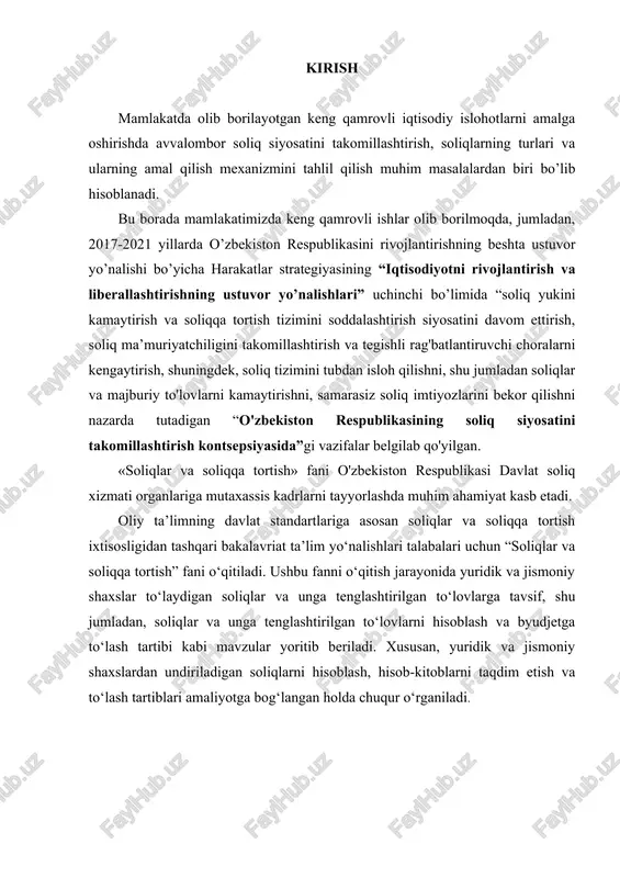 iqqa tortish fani ham moliya nazariyasi fani bilan chambarchas bog‘liq. soliqlar va soliqqa tortish fanining o‘ziga xos xususiyatlari soliq to‘lovchilar bilan davlat o‘rtasidagi majburiy xaraktyerga ega bo‘lgan pul munosabatlarini o‘rgatadi. soliqlar va soliqqa tortish fani davlat byudjeti fani bilan ham o‘zaro bog‘liqdir. chunki soliqlar oxir oqibatda byudjet daromadlarini shakllantiradi. soliqlar (daromadlar) bo‘lmasa byudjet munosabatlarining o‘zi bo‘lmaydi. bu fan chet mamlakatlar soliq tizimi, moliyaviy hisob, soliq qonunchiligi asoslari, soliqlarni prognoz qilish fanlari bilan ham chambarchas bog‘liqdir. 2. soliqlar va soliqqa tortish fanining predmeti va funksiyalari. har qanday fan o‘zining predmetiga, ya’ni izlanish ob’ektiga ega bo‘ladi. masalan, texnologiya fanining predmeti bo‘lib kimyoviy moddalarning tarkibini o‘rganish hisoblansa, mashinasozlik fani uchun mashinalar mexanizmini xaraktyeristikasi bo‘lsa, soliqlar va soliqqa tortish fanining predmeti soliq munosabatlarini (harakatini), soliqlar mexanizmini har tomonlama o‘rganishdan iboratdir. fanning predmeti soliq voqe’liklari pul munosabatlarini o‘rganishdan iborat bo‘ladi. bu pul munosabatlari soliq to‘lovchilar (yuridik va jismoniy shaxslar) bilan soliqni o‘z mulkiga aylantiruvchi (soliq …