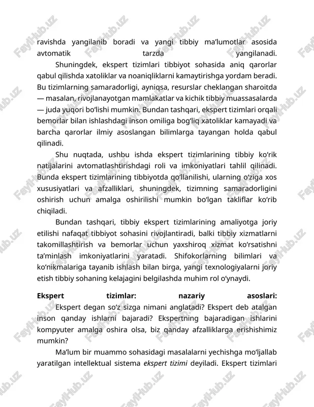 lligi shundaki, ular bilimlarni to‘play olish, uzoq vaqt saqlash va eskilarini yangilash kabi xususiyatlarga ega. bu esa ma’lum bir korxonada ma’lum vaqtgacha mutaxassislarsiz, nisbatan mustaqil ishlash imkoniyatini yaratadi. bilimlarni to‘plash, eng yaxshi va tekshirilgan yechimlarni qo‘llab - quvvatlash orqali korxonada ishlayotgan mutaxassislarning malakasini oshirish imkonini beradi. sun’iy intellektning mashinasozlik sanoati va iqtisodda qo‘llanilishi etlarga asoslangan. ular yordamida mahsulot sifatini oshirish, vaqtni tejash, ish unumini va mutaxassis malakasini oshirish mumkin. mahsulot tizimlari uchta asosiy komponentdan iborat: · bilimlar bazsi yoki qoidalar to‘plami; · ishchi xotira; · chiqarish mexanizmi. bu tizimda biror masala yechilganda: bilimlar bazasida kerakli qoidalar to'planadi, muayyan masalaga taalluqli to'plangan bilimlar, qoidalar asosiy ishchi xotirasida ishlanadi va yangi qonun-qoidalar natija sifatida chiqarish mexanizmi orqali olinadi. odatda, logika masalalarini yechishda ikkita usul qo’llaniladi: birinchi usulda ishchi xotiralardagi boshlang'ich informatsiyani olish, boshqa yordamchi narsalardan foydalanib, qoidalarni qo'llash ishlari bajariladi. bu usul to’g’ri zanjirli fikrlash deyiladi. bilimlarga asoslangan tizimlar qo'llanilish sohasini birnechta …
