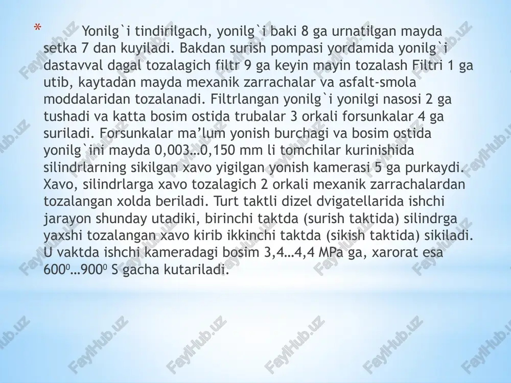 ik ishlaydi. agarda seton soni 50 birlikdan yukori yonilg`ilar ishlatilsa ozuka tulaligicha yonishga ulgura olmasligi natijasida yonilg`ining solishtirma sarfi oshadi. seton sonini oshirish uchun yonilg`i tarkibiga uglerod oksidi va vodoroddan sintez natijasida olingan suyuk yonilg`i sintin kushiladi, yoki reaksiyalanishni kupaytirish uchun uglerod perekisi, nitroalkonlar, izopropilnitrat kabilar kushiladi. yonishni yaxshilash uchun dizel dvigatellarda sikish darajasini oshirish natijasida bosim va xarorat kutariladi,xamda porshenlarni uzida issiklikni yaxshi ushlab turganligi uchun chuyandan yasalgani ma’kuldir. yonilg`ilar uz-uzidan alangalanishi murakkab fizik va ximiyaviy jarayon xisoblanadi. agarda tirsakli val 2000 ayl/min bilan aylanayetgan bulsa, yonish jarayoni xammasi bulib 0,026 sek vakt ichida sodir buladi. yonuvchi aralashma hosil qilish va unga ta’sir qiluvchi faktorlar yonuvchi aralashma xosil kilishga kuyidagi faktorlar ta’sir kiladi. yonish kamerasidagi xarorat va bosim: bunga sikilish darajasi, sovitish sistemasi, tirsakli valning aylanishlar soni ta’sir kursatadi. agarda tirsakli valning aylanishlar soni past bulsa, yonilg`ining purkalish bosimi kamayadi. natijada uz-uzidan yonishi yemonlashadi. bu esa yonilg`ining tejamkorligiga ta’sir …