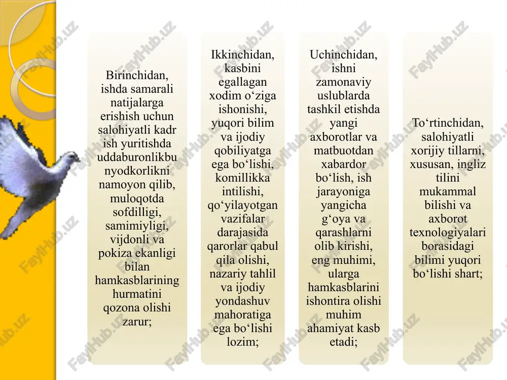 arni kasbiy faoliyatini oshirishga qaratildi. tarixiy sharoitlarining o‘zgarishi borasida to‘plangan tajribalarni yoshlar ongiga yetkazish shakllari ham o‘zgarib bormoqda. bugungi kunda ham ustoz-shogirdlik an’analari ko‘plab mehnat jamoalarida, shu jumladan, davlat idoralarida qo‘llanib keladi. biroq, hozirgi vaqtda kadrlar siyosatida olib borilayotgan islohotlar ustozlikni rasmiy va professional tartibda amalga oshirishni talab qiladi ustoz-pedagogning asosiy vazifasi talabalarga o‘z bilim va o‘quvini o‘rgatishdan iborat bo‘lar ekan, avvalo bu vazifani ustoz-pedagogning asosiy funksiyasi, ya’ni olib boradigan ishining mazmuni to‘rt muhim vazifani amalga oshirishdan iborat bo‘ladi: 10 ikkinchidan: beriladigan tarbiyani aniq tushunchalar berish orqali emas, balki bu tushunchalarning mazmunini ilm oluvchilarning mustaqil anglab olishlarini ta’minlashdan iborat bo‘ladi. birinchidan: ilm oluvchiga beriladigan bilimning yo‘nalishini belgilab berish. bunda bilimni to‘g‘ridan-to‘g‘ri yetkazish emas, balki tahsil oluvchining bilim olishidagi mustaqil harakatini to‘g‘ri yo‘naltirishdan iborat bo‘lishi lozim. 11 to‘rtinchidan: ilm oluvchida ma’lum bilim, ko‘rsatma va malakalar orqali hosil bo‘ladigan yangi xususiyatlarning shakllanish jarayonini sinchkovlik bilan ko‘rsatib borish va yangi xususiyatlarning shakllanishiga erishguncha …