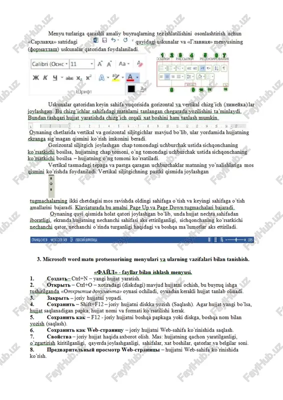 lar, ob’yektlarni qo’shish buyrualarini o’zida jamlagan 1. crpannmss — yangi sahifa, ustun yoki bo'lim boshlash uchun sahifa oxiti, ustun oxiri yoki bo'lim oxiri belgisini qo'yish. 2. ta6ammes...— boshaa programmalarda yangi ob'yekt yaratib qo'yish, excel varag’i jadvali, jadvallar qo'yish. 3. hamocrpatsin — har xil turdagi geometrik figuralar, rasmlar, diagrammalar o’matish va a tipnaoxenus — vikipediya matnlami qo’yish. ‘myatumegna — intemet tarmog’i orqali video fayllar qo"yish. ‘ceutaxm — gipermatnlar va gipermurojaatlar yaratish hamda qo’ yish. iipumevanns — hujjatning tanlangan xat boshiiga tushuntitish yozish. koaomrmryant...— varaq sahifalariga tartib raqamini qo'yish. texer ~ chiroyli yozuvlar yozish uchun ishlatiladi. 10. cunmozr — klaviaturadan kiritishning iloji bo"lmagan belgilami tanlash yo'li bilan go'yish. 11. ipeo6pazonare e rad.amny — yozilgan matnni jadvalga joylashtiradi cra» «pa3metka ctpahhiibd- menyusida taxrirlash (shakllash) uchun mo’ljallangan buyruglar joylashgan. 1. wpadr—harflar shriftini, o’lchamini, stilini, rangini va ko'tinishini o'zgartirish. shrift buymg‘ini kontekst menyu orqali ham ishga tushirish mumkin. 2. aésan— ctrl+num 0 — xat boshlarini …