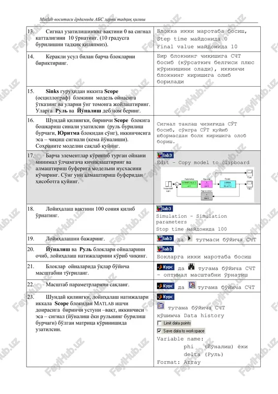 gan matritsa ko'rinishida uzatilsin. tugama bo'yicha scht qo'shimcha data history variable name: phi (yo'nalish) yoki delta (rul) format: array 24. yana bir marta loyihalashni bajaring.. da tugmasi bo'yicha scht 25. matlab buyruqlar oynasiga o'ting va grafik uchun yangi oyna yarating. bitta oynada turli o'qlarda ikkita egri chiziq chiziladi. figure(1); 26. vertikal bo'yicha oynani ikki qismga buling va birinchi grafikni aktiv qiling. subplot buyrug'idagi birinchi raqam vertikal bo'yicha grafiklar bilan katakchalar miqdorini , ikkinchisi – gorizontal buyicha, uchinchisi – aktiv qilish lozim bo'lgan katak raqamini anglatadi.. subplot(2, 1, 1); 27. yo'nalishning o'zgarish grafigini quring. plot buyrug'ida avval abstsissa massivi, so'ng –ordinata massivi ko'rsatiladi. ikki nuqta barcha qatorlar ishlatilayotganini anglatadi. plot(phi(:,1),phi(:,2)); 28. grafik nomini kiriting. title('yo'nalish); 29. koordinata o'qlari nomlarini kiriting. grek harflarini kiritish uchun ajratish belgisi quyiladi. latex buyruqlaridan foydalanish ruxsat beriladi., masalan, «\phi» - grek harfini, «\delta» esa – grek harfini anglatadi.. xlabel('vaqt, sek'); ylabel('\phi, gradus'); 30. shunga o'xshash ikkinchi …
