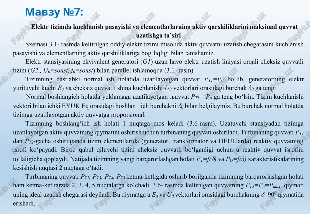 ‘rib o‘taylik. bu holatda qabul qiluvchi tizim (g2) ning quvvati ekvivalent generatoming quvvatidan 2-3 marta farq qiladi deb olaylik. b oshlang‘ich holat 1 nuktaga mos keladi. tizimga uzatilayotgan aktiv quvvatni rr gacha oshirsak tizim elementlarida bo‘layotgan reaktiv quvvat isrofining oshishi hisobiga tizim tugunlarida kuchlanishning pasayishiga qaramay burchak 6 ga mos holda sin6 ning o‘sishi hisobiga uzatiluvchi aktiv quvvat ham oshadi. lekin kuchlanishning pasayishi quvvat xarakteristikasining o‘zgarishiga, ya’ni uning amplidudasini kamayishiga olib keladi. natyada tizimnmg holati kuchlanish up ning 100% miqdoriga teng bo‘lgan holatdagi p=//o) xarakteristikaning 2 nuktasiga emas, balki kuchlanishning pasayishning pasayib, uo ning 100% miqdoridan kichik bo‘lgan (masalan, 95% miqdoriga teng bo‘lgan) holatdagi 2’ nuktasiga o‘tadi. turbinaning quvvatini oshirishni p72, p73, pry ketma-ketlikda davom ettirsak, elementlarda bo‘layotgan reaktiv quvvat isrofi ham oshib borishi natijasida tizim kuchlanishining pasayishi davom etadi. bu kuchlanishlarga mos keluvchi burchak xarakteristikasining amplidudasi ham kamayib borib, tizimning holati mos ravishda 2’, 3’, 4’ nugtalarga ko‘chadi. turbinaning …