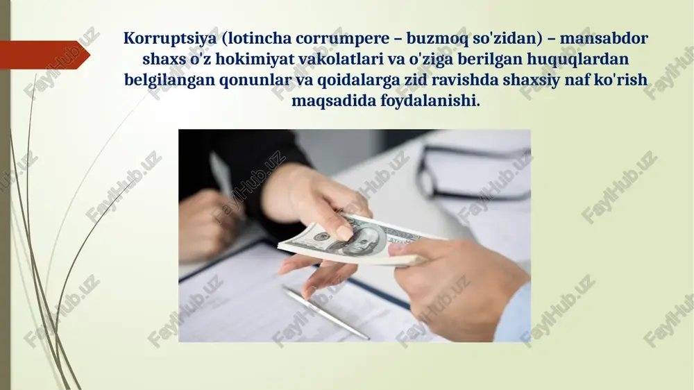 institutlarning ojizligi, hukumat faoliyatining yaqinligi yoki bu tadbirlarning fuqarolik nazoratidan uzoqligi kiradi. korruptsiya turlari asosan mansabdor shaxslar va davlat xizmatchilarining kundalik ish faoliyatida fuqarolar bilan munosabatlarida keng tarqalgan hokimiyat vakillarining tadbirkorlik sub'ektlari bilan munosabatlarida uchraydi siyosiy hukmron doiralar hamda odil sudlov tizimi faoliyatida uchraydi maishiy korruptsiya ishbilarmonlik korruptsiyasi oliy hokimiyat organlari korruptsiyasi korruptsiyaviy holatlarning paydo bo'lish sabablari 01 02 03 04 05 06 davlat sektorida oylik maoshlarning xususiy sektorga qaraganda ancha pastligi mamlakat iqtisodiyoti asosan davlat tomonidan boshqarilishi muayyan xizmat turlarida davlatda yakka hukmronlik o'rnatilgani davlat boshqaruv organlarining xalq bilan aloqalari uzilib qolganligi iqtisodiy barqarorlikning mavjud emasligi xalqning etnik jihatdan birdam emasligi 07 iqtisodiy rivojlanish (yaimning aholi jon boshiga o'sishi) sur'atlari pastligi 08 09 10 11 12 13 jamiyatda radikal-diniy qarashlarning mavjudligi jamiyatning huquqiy madaniyati pastligi ikki xil talqin etiladigan qonun normalarining mavjudligi mamlakatdagi siyosiy beqarorlik fuqarolarning davlat organlari faoliyati ustidan jamoatchilik nazorati sustligi jamiyat va davlat boshqaruvida siyosiy homiylik, …
