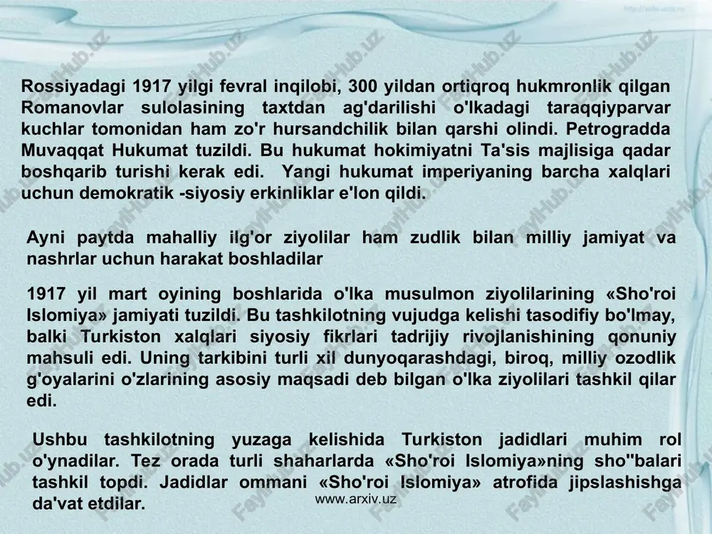 shilik miting bo'lib o'tdi. unda mahalliy «sho'roi islomiya» tashkiloti faollari yig'ilganlarni shaharda federalistlar firqasi sho''basini tuzishga chaqirdilar. taraqqiyparvar ziyolilar tomonidan ishlab chiqilgan firqaning maromnomasini o'lkada demokratik ko'rinishdagi davlat qurishning nazariy asosi edi deyish mumkin. bu fikrni maromnomaning quyidagi bandlari bilan izohlash mumkin: «firqaning maqsadi: 1)rusiyada mahalliy va milliy adami markaziyat (federasiya) asosi uzra xalq jumhuriyati tashkil etmakdur. 2) firqa turkiston, qirg'iziston, qofqoz va boshqirdiston qit'alari ( o'lkalari) uchun va boshqa milliy va mahalliy muxtoriyat, idil bo'yi ila qrim totorlari uchun va boshqa rusiyada yashaydurgon turk qavmlari uchun milliy muxtoriyat talab qiladur...4)millatning yigirma yoshga yetub, aqliyat paydo qilg'on har bir fardi: er bo'lsun, xotun bo'lsun- sinf, din va mazhab ayirmasig'a boqmasdan saylamak va saylanmak haqina molikdur. 5)yuqorida mazkur barcha muxtoriyatli qit'alar markaziy hukumat ila vatan mudofaasi, pul chiqarmak, boj va xorijiy hukumatlar ila munosabatda bo'lmoq xususlarida aloqa va irtibotini (bog'liqlikni) muhofaza qilur. 6) muxtoriyatli qit'alar dohiliy mas'alalar (idoriy, moliy, shar'iy, madaniy, …