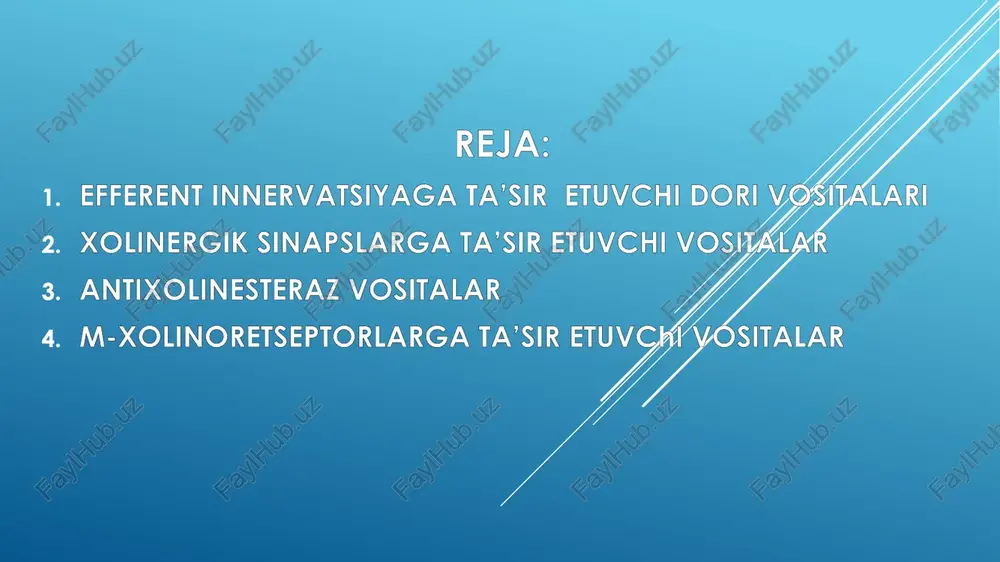 asosiy namoyondasi xisoblanadi. lekin muskarin dori vositasi sifatida qo’llanilmaydi. tibbiyotda m-xolinomimetiklardan pilokarpin va asteklidin qo’llaniladi. m-xolinoblokatorlar atropin. kimyoviy jixatdan u tropin va d,l-trop kislotasining murakkab efiridir. atropinning ikkita: o’ng va chapga aylantiruvchi sterio izomerlar ibor. o’simliklarni ishlov berishda, bu aktiv sterio izomerlar rastemik shaklga (faolliligi sust bo’lgan atropinga) aylanadi ana shundayi tibbiyotda qo’llaniladi. atropin sintetik yo’l bilan xam olinadi. atropin tanlab faqat m-xolinoresteptorlarni qamal qiladi. atropin u bilan bog’lanib axning unga ta’sir etishiga yo’l qo’ymaydi va shuning uchun parasimpatik nerv oxiridagi neyroeffektor sinapslardan qo’zg’alish impulslari o’tmaydi. natijda parasimpatik nervlarni falajlanishida kuzatiladigan o’zgarishlari yuzaga chiqadi. parasimpatik nerv tonusi pasaysa, simpatikniki oshadi va quyidagi o’zgarishlar yuzaga keladi: qorachiq kengayadi, fontanov bo’shlig’i torayadi, shlemov kanali yopiladi, ko’zning ichki suyuqligining chiqishi kamayib, bosim oshadi, stiliar mushaklar bo’shashadi, stinn bog’lami taranglashib ko’z gavxari yassi shaklga kiradi, uzoqdagi buyumlar aniq ko’rinib, yaqindagilari xiralashadi, ya’ni akkomodastiya paralichi yuzaga keladi, fotofobiya rivojlanadi. kam va qovushqoq so’lak ajraladi, ogiz …