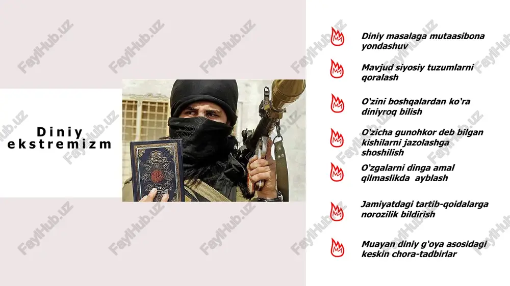 . uning taʼlimotiga binoan, eʼtiqodga, dinga majburlash mumkin emas, ilohiy diyonatlarning barcha ibodatxonalari himoya va mudofaa qilinishi kerak, dinlardagi ixtiloflar qotillik va adovatlarga sabab bo‘lmasligi, yaxshilik, o‘zaro hamkorlikdan to‘smasligi lozim. tayyorladi: a.mirzaev 13 shunga ko‘ra, islom ulamolari ilk musulmonlarni «salaf solih», yaʼni «solih ajdodlar» deb hisoblashda yakdildirlar. ulardan keyingi davrlarda yashagan musulmonlarga nisbatan «salaf» yoki «salafiy»lar tushunchalarini ishlatish mumkin emas. islomda «salaf» (arabcha – «ajdodlar», «avval yashab o‘tganlar») deganda, hadislarga ko‘ra, payg‘ambar muhammad (s.a.v.) zamonida hamda undan keyingi ikki davrda yashagan musulmonlar tushuniladi salafiylik tayyorladi: a.mirzaev 14 soxta salafiy biroq, so‘nggi yillarda «salaf solihlarga ergashish» shiorini niqob qilib olgan va musulmon jamiyatlarini ilk islom davri holatiga qaytarishni targ‘ib qiluvchi mutaassib, soxta salafiylar paydo bo‘lganini alohida qayd etish lozim. tayyorladi: a.mirzaev 15 soxta salafiylikning zarur aqidaviy, huquqiy va falsafiy asoslariga ega bo‘lishi suriyalik ibn taymiya (1263-1328) faoliyati bilan bog‘liq. ibn taymiya, go‘yoki asrlar davomida islomga turli bidʼatlar kirib qolganini iddao qilib, …