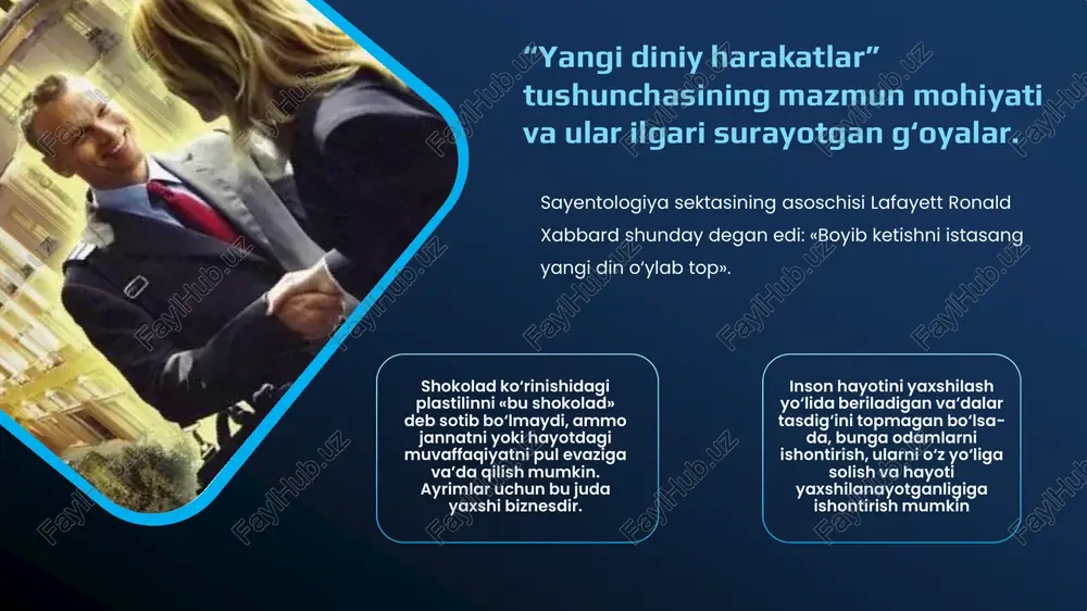 ruv korporatsiyasi hisoblanadi. u 15 kishidan iborat bo‘lib, bruklinda (aqsh, nyu-york) joylashgan. boshqaruv korporatsiyasining 90 dan ortiq filiallari dunyoning turli mamlakatlarida targ‘ibot ishlarini olib boradi. “iyegovo shohidlari” “iyegovo shohidlari” missionerlikka katta e’tibor beradi. jamoa paydo bo‘lgan davrdan boshlab, asosan uyma-uy yurish va adabiyotlar tarqatish bilan o‘z izdoshlarini ko‘paytirishga harakat qiladi. ayrim ma’lumotlarga ko‘ra, hozirgi kunda iyegovochi missionerlarning soni 700 mingdan ortiq kishini tashkil etadi. smit 1823 yilda vermont shahridagi sheron o‘rmonida kambag‘al va bechora tarafdorlariga moroni nomli bir farishtaning o‘ziga vahiy olib kelganini da’vo qiladi. unga ko‘ra moroni, smitga nyu-yorkdagi kumora tepaligiga ko‘milgan, qadimgi misr tilida yozilgan oltin lavhlar va ularni tarjima qilish uchun urim va tummin toshlarini keltirib bergan. jozef smit matnlarni o‘qigani va farishta yordamida tarjima qilganini e’lon qiladi va uni nashr ettiradi. shunday qilib, 1830 yilda “mormon kitobi” bosib chiqarilgan. kitobdagi buyruqqa binoan yangi bir cherkov qurilgan. bu cherkov, “iso masihning oxirgi kun azizlari cherkovi” deb nomlangan. …