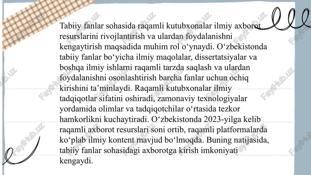 , bu esa keng miqyosda ilmiy tushunishni oshiradi. 2020-yilda o'tkazilgan tadqiqotlar natijalariga ko'ra, tabiiy fanlar sohasida mavjud bo'lgan ilmiy ma'lumotlarning 70% vizual tasvirlar orqali samarali qabul qilinadi. shu bilan birga, digital platformalarda axborot resurslarining dolzarbligi yanada oshib, fanlararo integratsiya jarayonini tezlashtirdi. ... t.me/slaydai_bot tabiy fanlar sohasida ilmiy axborot resurslarining rivojlanishi va dolzarbligi ilmiy tadqiqotlarda axborot xavfsizligini ta'minlashni talab qiladi. xususan, tadqiqot ma'lumotlarining maxfiyligi va butunligini saqlash ilmiy hamjamiyat uchun muhim hisoblanadi. ilmiy axborotlar tezkor sur'atda rivojlanayotgan axborot-kommunikatsiya texnologiyalari yordamida oson almashiladi, ammo bu jarayon axborot xavfsizligi tahdidlarini ham oshiradi. ma'lumotlarning himoyalanishi uchun shifrlash texnologiyalari, kirishni nazorat qilish tizimlari va xavfsizlik protokollari tadbiq etilishi zarur. shu bilan birga, axborot tahdidlariga qarshi kurashish uchun doimiy yangilanish hamda kiberxavfsizlik bo'yicha xodimlarning malakasi oshirilishini ta'minlash lozim. ... t.me/slaydai_bot 10. tabiiy fanlarda ma'lumotlar to'plash texnologiyalari tabiiy fanlarda ma'lumotlar to'plash texnologiyalari sohasida zamonaviy usullar va qurilmalar muhim rol o'ynaydi. sun'iy intellekt, katta hajmdagi ma'lumotlar (big data), …