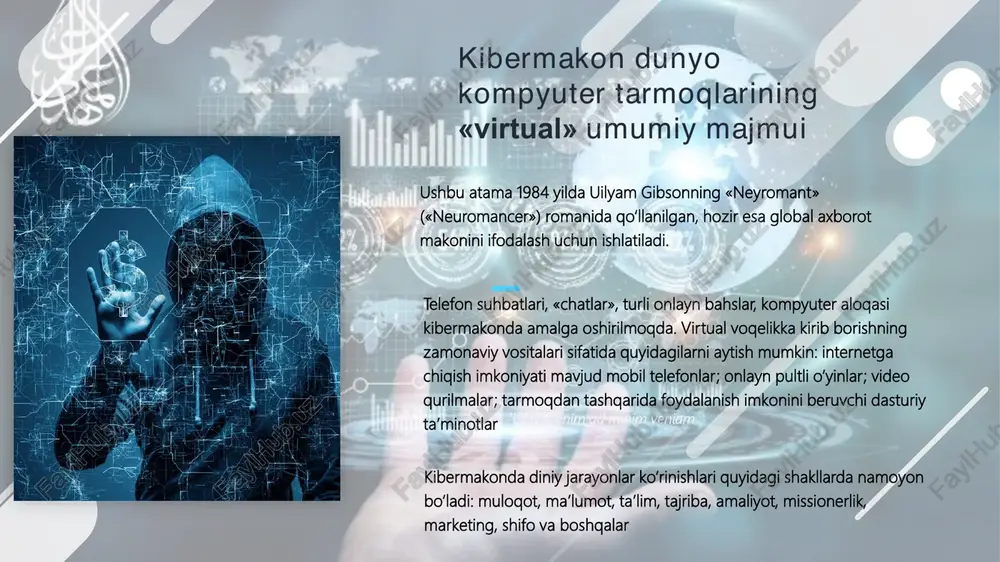 yolg‘on ma’lumotlarni tarqatish tuxmat (bo‘hton) - biror voqea, hodisa, ish yuzasidan huquqiy ma’lumot panada qoldiriladi, shov-shuvga sabab bo‘ladigan tadbirlar amalga oshiriladi omma diqqatini jalb etish - mavjud bo‘lmagan ma’lumotlarni tarqatish. asosan davlat va jamiyadagi bo‘shliq joylarga asosiy zarba beriladi hamda siyosiy va ma’naviy yetuk bo‘lmagan shaxslar ob’yekt sifatida tanlab olinadi mish-mish gaplarni tarqatish - omma orasida davlat raxbarlari, jamoat tashkilotlari, ayrim shaxslar obro‘sini, siyosiy yechimlar, tadbirlar ahamiyatini tushurish va ularga salbiy ta’sir ko‘rsatish diskreditatsiya (obro‘sizlantirish) - maxsus axborot harakati bo‘lib raqib muvaffaqiyatsizlikka (mag‘lub bo‘lish) olib boruvchi variantni tanlashga majburlanadi fitna 11 kibermakon va jamiyat “superkorporatsiya” texnologiyalarning insoniylikdan begonalashuvi din niqobidagi ijtimoiy va madaniy buzg`unchilikni sodir etishga bo`lgan urinishlar din niqobi ostidagi ekstremistik saytlarda asosan davlat to`ntarilishi va xunrezlik urushlari haqida gap boradi 12 kibermakon va jamiyat • islom yo`lida “qurbon” bo`layotgani aks etgan videolavhalari va fotosuratlari “al-hayot” media studiyasida tayyorlanadi va internetga joylashtiriladi • “odnoklassniki”, “facebook”, “instagram”, “twitter”, “vkontakte” ijtimoiy …