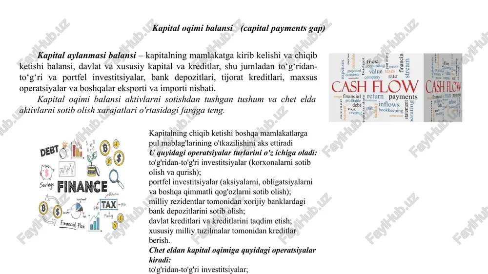 l, depozitlar, chet el valyutasidagi qimmatli qog'ozlar) va monetar oltin (ya'ni, pul-kredit organlari tasarrufidagi oltin - mamlakatning oltin zahirasi), ikkinchi darajali tarkibiy qismlari esa sdr (maxsus qarz olish huquqi, ya'ni. 1970-1980-yillarda xvf tomonidan oʻz aʼzo davlatlari uchun tashqi qarzlarini toʻlash maqsadida nisbatan kichik miqdorda chiqarilgan xalqaro valyuta) va mamlakatning xvfdagi zaxira pozitsiyasi (bu koʻrsatilgan tashkilotdagi har bir aʼzo davlat uchun ochiq kredit) . mamlakatning ijtimoiy-iqtisodiy rivojlanishini davlat tomonidan moliyalashtirishning asosiy manbai davlat byudjeti bo'lib, u umuman muvozanatli bo'lishi kerak, ya'ni. davlat byudjetining daromadlari va xarajatlari taxminan teng bo'lishi kerak. davlat xarajatlarning oshishi muqarrar bo'lgan (epidemiyalar, infratuzilmani saqlash va rivojlantirish, ijtimoiy sohani rivojlantirish uchun shoshilinch xarajatlar), davlat daromadlari cheklangan va xarajatlarni ichki qayta taqsimlash imkoniyatlari kichik bo'lgan holatlarga duch kelishi mumkin. yoki aksincha, bozor daromadlari oshganida, davlat jamg'armalarni oshiradi; davlat xalqaro moliya va tovar bozorlaridagi vaziyatdan yoki boshqa qulay omillardan kelib chiqib, o‘z oldiga jadal texnik-iqtisodiy rivojlanish maqsadlarini qo‘yadi. shuning uchun …