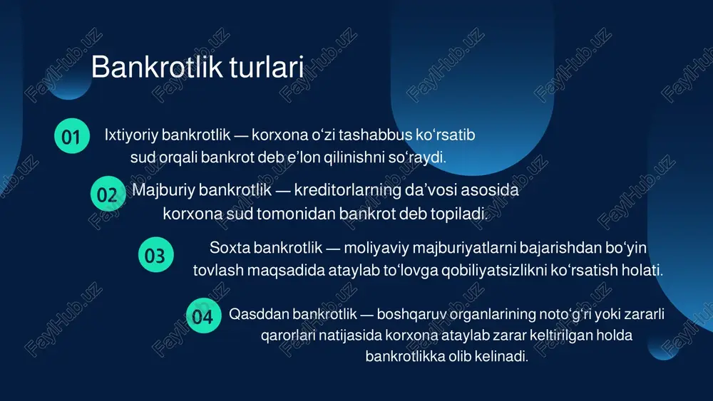 qayta ko‘rib chiqish; • qarzlarni restrukturizatsiya qilish; • ishlab chiqarish va menejmentni modernizatsiya qilish; • xarajatlarni optimallashtirish; • yangi bozor segmentlarini izlash. bu choralar korxonani bankrotlikdan chiqish yo‘liga olib kiradi. lorem ipsum dolor sit amet, consectetur adipiscing elit. duis vulputate nulla at ante rhoncus, vel efficitur felis condimentum. proin odio odio. about us lorem ipsum dolor sit amet, consectetur adipiscing elit. duis vulputate nulla at ante rhoncus, vel efficitur felis condimentum. proin odio odio. our company history about our founder bankrotlikni erta bosqichda bartaraf etish uchun quyidagi mexanizmlar samarali: • risk menejment tizimini joriy etish; • ichki audit va nazoratni kuchaytirish; • moliyaviy monitoringni avtomatlashtirish; • strategik rejalashtirish tizimini takomillashtirish. bular korxona barqarorligini mustahkamlaydi va iqtisodiy xavfsizlikni ta’minlaydi. chet el tajribasi xorijiy davlatlar bankrotlik jarayonlarini tartibga solishda ancha tajriba to‘plagan: • aqsh: “chapter 11 bankruptcy code” – korxonaning qayta tiklanishini qo‘llab-quvvatlaydi. • germaniya: “insolvenzordnung” qonuni – qarzlarni qayta restrukturizatsiya qilish …