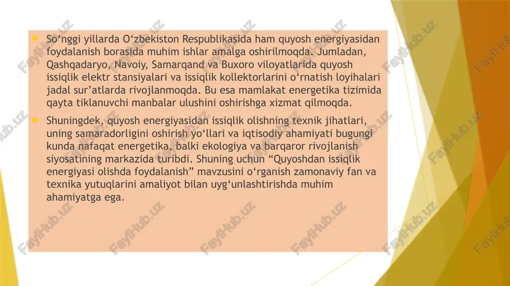 latishga imkon beradi. masalan, eritilgan tuz (molten salt) asosida issiqlikni uzoq muddat saqlash mumkin. ushbu texnologiyalar energiya sarfini kamaytirish, ekologik ifloslanishni cheklash va iqtisodiy samaradorlikni oshirishda muhim o‘rin tutadi. quyosh energiyasining asosiy afzalliklari quyidagilardan iborat: ekologik tozaligi – chiqindi gazlar chiqarmaydi, havoni ifloslantirmaydi. cheksiz va bepul manba – quyosh nuri hamma joyda mavjud va qayta tiklanadi. energiya mustaqilligi – import qilinadigan yoqilg‘ilarga ehtiyoj kamayadi. uzoq muddatli iqtisodiy samaradorlik – dastlabki investitsiya katta bo‘lsa-da, ekspluatatsiya xarajatlari juda past. 3. quyosh energiyasidan foydalanishning afzalliklari va o‘zbekistonda qo‘llanish istiqbollari o‘zbekiston qishloq xo‘jaligida yer resurslarining o‘rni yer — insoniyatning eng muhim tabiiy boyliklaridan biri bo‘lib, u qishloq xo‘jaligi ishlab chiqarishining asosiy vositasi sanaladi. o‘zbekiston agrar mamlakat sifatida yerni iqtisodiy rivojlanish, oziq-ovqat xavfsizligini ta’minlash, eksport salohiyatini oshirish hamda ekologik barqarorlikni ta’minlashda asosiy omil deb biladi. yer resurslarining umumiy ko‘rsatkichlari o‘zbekiston respublikasi hududi taxminan 44,9 million gektar bo‘lib, shundan: 19 million gektardan ortig‘i qishloq xo‘jaligida foydalaniladi, …