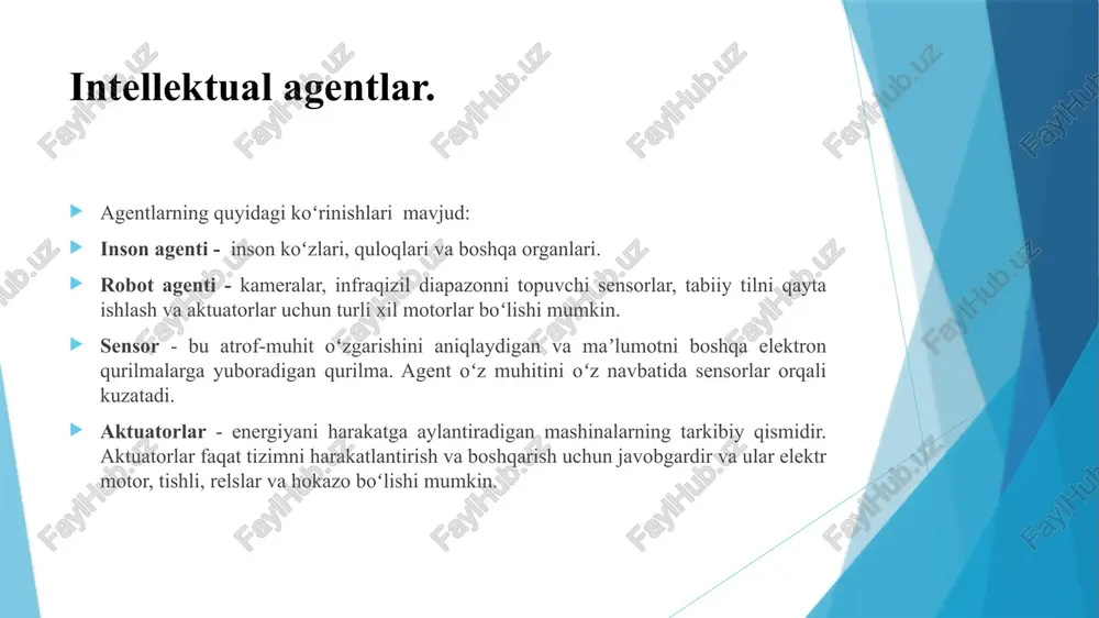 ri haqida maʼlumotga ega emaslar. oddiy refleks agentga misollar 1. yurak urishini avtomatik nazorat qiluvchi moslama (pacemaker) yurak urish chastotasi juda sekinlashganmi? qoidasi: agar urish normadan sekin bo‘lsa → yurakni stimulyatsiya qilish lozim. natija: har bir sekin urishga real vaqtda javob beradi. 2. svetoforning avtomatik javob tizimi (masalan, piyodalar tugmasi bilan) tugma bosilgan. qoidasi: agar tugma bosilsa → svetoforni to‘xtatib, piyodalar uchun yashil yoq. natija: harakatni real vaqt kuzatib, mos javob beradi. oddiy refleks agentga misollar termostat harorat me’yordan past yoki yuqori. qoidasi: agar sovuq bo‘lsa → isitishni yoqish. agar issiq bo‘lsa → sovitishni yoqish. natija: faqat joriy haroratga qarab ish ko‘radi. oddiy refleks agent strukturasi. modelga asoslangan refleks agent modelga asoslangan refleks agent- bu agent qisman kuzatiladigan muhitda ishlashi va vaziyatni kuzatishi mumkin. bu agent o‘z qarorlarini faqat joriy holatga emas, muvofiqlashtirilgan ichki modelga asoslanib qabul qiladi. bu model orqali u: o‘zining qayerda ekanini, nimalar bo‘lishi mumkinligini, va qanday …