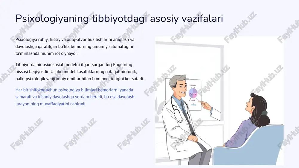 lash, idrok) holatini baholashda, shaxsiyatdagi o‘zgarishlarni aniqlashda muhim ahamiyatga ega. patopsixologik tekshiruvlar nafaqat tashxis qo‘yish, balki psixoterapevtik va farmakologik davolash usullarini tanlashda ham muhim yo‘nalish bo‘lib xizmat qiladi, shu bilan birga davolash samaradorligini doimiy ravishda baholashga yordam beradi. https://gamma.app/?utm_source=made-with-gamma preencoded.png patopsixologiyaning o'ziga xos jihatlari va ahamiyati patopsixologiya har bir bemorning individual psixologik xususiyatlari va kasallikning o‘ziga xos kechishini chuqur hisobga oladi. u psixopatologik fenomenlarning mexanizmlarini o‘rganishga qaratilgan bo‘lib, klinik psixologiyadan kengroq muammolar va davolashga e’tibor qaratishi bilan farqlanadi. tibbiyot mutaxassislari uchun patopsixologik bilimlar ruhiy kasalliklarni chuqurroq tushunish, samarali muloqot va bemorlarga simptomlardan tashqari kompleks yordam ko‘rsatishda muhimdir. https://gamma.app/?utm_source=made-with-gamma preencoded.png patopsixologiyaning klinik amaliyotdagi misollari erta aniqlash psixologik omillar samarali hamkorlik patopsixologiya bemorlarga yordam berishda keng imkoniyatlar yaratadi. bu ruhiy kasalliklar bilan og‘rigan bemorlarni erta aniqlash va ularning reabilitatsiyasida muhim rol o‘ynaydi. surunkali kasalliklarda psixologik omillarni hisobga olish davolash jarayonini yanada samarali qiladi. shuningdek, shifokorlar va psixologlar o‘rtasidagi samarali hamkorlik bemorlarga har …
