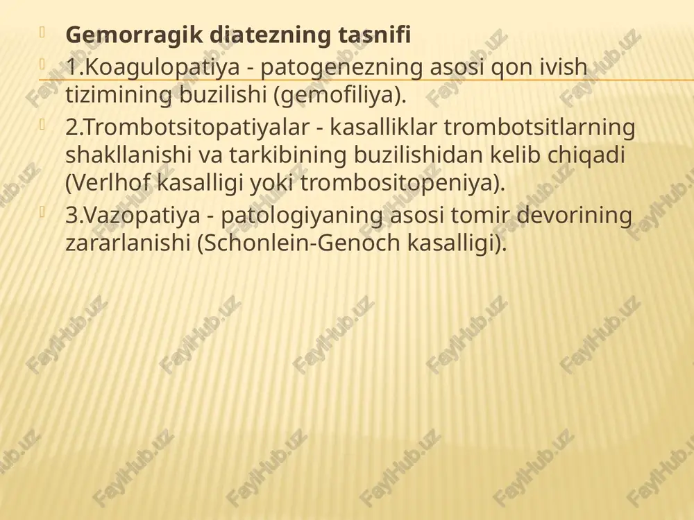 indromini tezkor davolash algoritmi giperkoagulyatsiya boskichida: qon o'rnini bosuvchi suyuqliklarni infuziyalash (2-3 l) – tuzli eritmalar, reopoliglyukin, albumin: gks katta miqdorli berish bolyus xolida: gidrokortizon – 1000 – 1500mg/sut, prednizalon – 600mg/sut, deksatetazon – 150-200mg/sut yoki pulsterapiya. simpatonimetik (faqft anafelatik shokda xolos), - 0 adrenalin ( 1ml 0.2 %li 0 adrenalin+ 500ml natriy xlor fiziologik eritmasi), dopamin (dofamin 200mg-5ml+400ml 5%li glyukoza eritmasi) bazisli terapiya: geparinoterapiya (10 000 t.b v.v bolyus va so'ngra tomchilab 1 000 – 500 t.b soat tezlikda), yangi muzlatilgan plazma (krioplazma) bolyus xolida 600-800ml v.v so'ngra 300-400 ml xar 6-8 softda, keyingi kunlarda 400-800ml/sut “proteaz portlash”ni bartaraflan uchun – kontrekal 20 000 – 60 000 t.b/sut gipokogulyatsiya bosqichida: krioplazma quyish – v.v bolyus xolda 1 000 ml, so'ngra 500ml dan xar 12 soatda protealitik fermetlar ingibitorlarini kiritish - kontrekal 20 000 – 60 000 t.b/sut image3.png image4.png /docprops/thumbnail.jpeg gemorragik sindrom-massiy-— qon yo'qotish. gomologik qon, dvs sindromi klinikasi, …