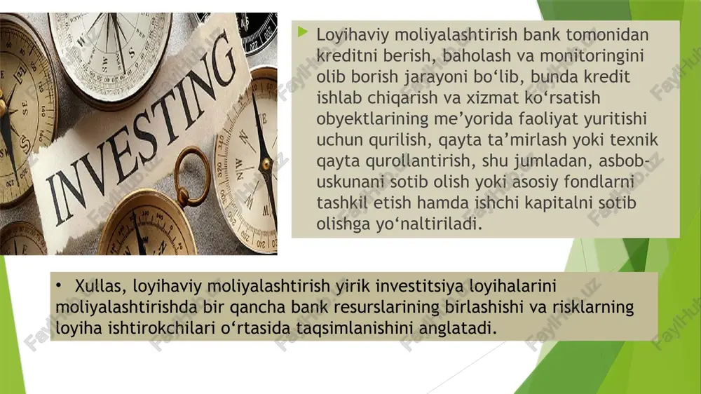 iya, belgiya, italiya va boshqa mamlakatlar banklari loyihaviy moliyalashtirishning jahon bozorida faol ishtirok eta boshladi. sindikat kredit — bu bir nechta banklar yoki moliyaviy institutlar birlashib (ya’ni sindikat tuzib), yirik miqdordagi kreditni bitta qarzdorga (ko‘pincha korxona yoki loyiha) beradigan kredit turidir. asosiy xususiyatlari: -yirik miqdorda bo‘ladi — bitta bank bunday summani yolg‘iz bera olmasligi mumkin. -risk taqsimlanadi — risk bir nechta banklar orasida bo‘linadi. -bitta rahbar bank bo‘ladi — kreditni boshqarish, nazorat qilish vazifasini bajaradi. -ko‘pincha yirik loyihalar (infratuzilma, energetika, sanoat) uchun beriladi. yani oddiy qilib aytganda, bu — bir nechta banklar birlashib, katta summa kerak bo‘lgan loyiha yoki korxonaga bergan umumiy kreditidir. testlar 1. loyihaviy moliyalashtirish nima? a. pul oqimi tahlili, daromad, risk, yirik loyiha, riskni taqsimlash, real daromadga asoslangan. b. daromad, risk, yirik loyiha, riskni taqsimlash, real daromadga asoslangan. d. risk, yirik loyiha, riskni taqsimlash, real daromadga asoslangan. e. yirik loyiha, riskni taqsimlash, real daromadga asoslangan. pul oqimi …