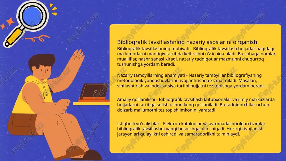 i ta'minlaydi, ularni bir xil tizimda saqlash qulayroq. elektron resurslarning o'ziga xosligi - elektron resurslar tezkor yangilanadi, bu tavsiflash usullarini jadal o'zlashtirishni talab etadi, dolzarblikni saqlashda muhim. 10 bibliografik ma'lumotlarni to'plash va tasniflash usullari bibliografik ma'lumot turlari - bibliografik ma'lumotlar asosan kitob, maqola, dissertatsiyalarni qamrab oladi. ular ilmiy ishlarni izlash hamda ulardan foydalanishni osonlashtiradi. ma'lumotlarni to'plash usullari - elektron kataloglar, kutubxona indekslari, onlayn ma'lumotlar bazalari kabi manbalardan foydalanib, ma'lumotlarni to'plash mumkin. ma'lumotlarni tasniflash tamoyillari - tasniflashda mavzu, tarixiy davr, geografik joylashuv kabi mezonlardan foydalaniladi. bu tizimli qidiruvga yordam beradi. amaliy ahamiyati - bibliografik ma'lumotlarni aniq to'plash va tasniflash ilmiy tadqiqot jarayonini samarali qiladi. 11 bibliografik tavsiflashda xalqaro standartlarni qo'llash standartlarning ahamiyati mars formatini qo'llash iso standartlari 12 bibliografik yozuvlarni avtomatlashtirish texnologiyalarini o'rganish avtomatlashtirish tushunchasi - bibliografik yozuvlarni avtomatlashtirish texnologiyalari qo'lda bajariladigan jarayonlarni dasturiy ta'minot yordamida avtomatik amalga oshirishni o'z ichiga oladi. bu axborotni yig'ish va tahlil qilishni osonlashtiradi. ilmiy ishda …