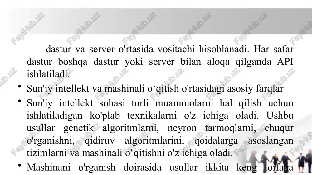 ni mukofotlash va aksincha, nomaqbul harakatlarni jarimaga tortishga asoslanadi. bu usulda aqlli agentdan (oʻzi mavjud boʻlgan muhitda tajriba, foydalanuvchi kiritgan maʼlumotlar va turli shartlar asosida qaror qabul qila oladigan kompyuter dasturi elementi) foydalanib, kerakli natijaga erishiladi. hozirgi kunda mashinali oʻqitishning ushbu usulini qoʻllash barcha sohalarda ham keng tarqalmagan. asosan, quyidagi sohalar mustahkamlangan oʻqitish usulidan keng foydalanishadi: oʻyin dasturlari resurslarni boshqarish shaxsga moslashtirilgan tavsiyalar robototexnika mashinali oʻqitish usullari o`qituvchili o`qitish(regressiya) regressiya - modelning vazifasi raqamli qiymatlar haqidagi ma'lumotlarga asoslangan yangi raqamli qiymatlarni bashorat qilishdir. regressiya muammolariga misol sifatida ko'chmas mulk narxlarini bashorat qilish yoki keyingi chorakdagi sotuvlar sonini bashorat qilish mumkin. regressiya -bu mavjud ob'ektlar asosida yangi ob'ektlarni yaratish vazifasi. masalan, oddiy chiziqli regressiya yordamida o‘quvchining o‘qishga qancha soat sarflaganiga qarab bahosini taxmin qilishimiz mumkin. masalan, balandlik va vazn o'rtasidagi bog'liqlikni chiziqli regressiya modeli bilan klassifikasiyalash mumkin. o`qituvchili o`qitish(regressiya) misol- haydovchi mashinani ehtiyotsiz haydashi natijasida sodir bo‘lgan ythlarning umumiy soni o‘rtasidagi …