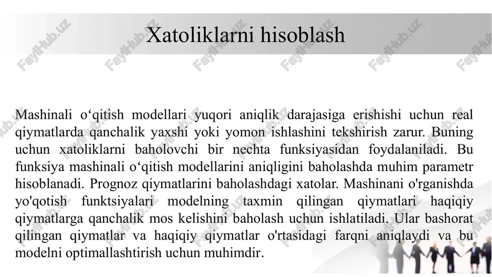ham xatoliklarni kamaytirishda muhim rol o‘ynaydi. xatoliklarni bartaraf qilish gradiyent pastlash (gradient descent) algoritmidan foydalanib, modelni yo‘qotish funksiyasini minimallashtirish orqali yaxshilash mumkin. overfitting muammosini oldini olish uchun regulyarizatsiya usullari (masalan, l1 va l2 normallari) qo‘llaniladi. klassifikatsiya muammolarida confusion matrix tahlilidan foydalangan holda noto‘g‘ri tasniflangan holatlarni kamaytirish ustida ishlash mumkin. bundan tashqari, modelni sinovdan o‘tkazish va kross-validatsiya qilish orqali uning haqiqiy ma’lumotlarga mosligini tekshirish zarur. xatoliklarni kamaytirish jarayoni doimiy monitoring va takomillashtirishni talab qiladi, shuning uchun modelning ishlashini doimiy nazorat qilib borish lozim. cross-validation - bu mashinali o’qitishda modelning ishlashini sinovdan o'tkazuvchi va berilgan vazifani qanchalik yaxshi bajara olishini baholovchi tahlil va vosita. o'zaro tekshirishda ma'lumotlar bir necha qismlarga bo'linadi, ularning bir qismi o'qitish uchun, qolgan qismi esa test uchun ishlatiladi. o'rta kvadratik xatolik o'rta kvadratik xatolik (okx) — bu statistik va mashinali o‘qitish sohalarida keng qo‘llaniladigan xatolik o‘lchovi bo‘lib, modelning bashoratlari bilan haqiqiy qiymatlar orasidagi farqni baholash uchun ishlatiladi. okx …