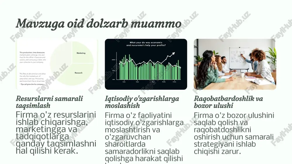 ish va yangi mahsulotlarni tezroq ishlab chiqarishga yordam beradi. 12 talabning o'zgarishlari va dinamikasi talabning o'zgarishi va dinamikasi firmaning optimal o'lchamini belgilashda muhim rol o'ynaydi. 1 kutilmagan o'sish talabning kutilmagan o'sishiga tayyor bo'lish 2 tushish xavfi talabning pasayishiga moslashish 3 tezkor javob tezkor reaksiya berish qobiliyati 4 moslashuvchanlik o'zgaruvchan sharoitlarga moslashish masalan, talabning to'satdan o'sishiga moslashish uchun firma ishlab chiqarish quvvatini kengaytirish yoki qo'shimcha resurslarni jalb qilish kerak bo'lishi mumkin. 13 firma tarkibining moslashuvchanligini oshirish turli xil mutaxassislar turli xil sohalarda tajribaga ega mutaxassislarni jalb qilish firma tarkibini yanada moslashuvchan qiladi. moslashuvchan ish joyi hodimlarga turli xil ish uslublari va vazifalarni bajarish imkoniyatini taqdim etish samaradorlikni oshiradi. doimiy o'qitish hodimlarni yangi texnologiyalar, ko'nikmalar va biznes strategiyasi bilan tanishtirish zarur. jamoaviy ish va muloqot jamoa a'zolari o'rtasidagi samarali muloqot va hamkorlik firma tarkibini yanada mustahkamlaydi. 14 ishlab chiqarish resurslaridan samarali foydalanish 1 resurslarni optimallashtirish ishlab chiqarish jarayonlarini tahlil qilish, xarajatlarni minimallashtirish …