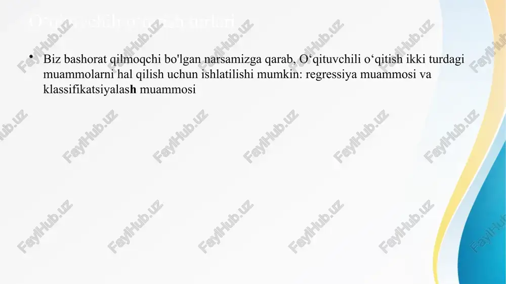 oʻzgaruvchisiga ega va bu oʻzgaruvchilar orasiga toʻgʻri chiziq qoʻyish orqali oʻqitilgan namunalar natijalarini bashorat qilishga yordam beradi. masalan, oddiy chiziqli regressiya yordamida talaba o‘qish soatlari soniga qarab bahosini taxmin qilishimiz mumkin. regressiya nima uchun muhim? regressiya nima uchun muhim? regressiya aniq va asosli qarorlar qabul qilish, bashorat qilish va jarayonlarni optimallashtirish uchun eng samarali usullardan biridir regressiya tahlili, shuningdek, menejerlarga turli xil o'zgaruvchilar bir-biriga qanday ta'sir qilishini va natijalar nima ekanligini tushunishga yordam beradi. masalan, moliyaviy ko'rsatkichlarni prognoz qilishda regressiya tahlili menejerlarga biznesdagi o'zgarishlar kelajakdagi daromadlar yoki xarajatlarga qanday ta'sir qilishini aniqlashga yordam beradi. regressiyaning qanday turlari mavjud? chiziqli regressiya polinomial regressiya multi regressiyasi logistik regressiya ridge regressiyasi lasso regressiyasi mantiqiy regressiya har biri turli ma'lumotlar stsenariylari uchun mos chiziqli regressiya chiziqli regressiya — bu statistik usul bo‘lib, mustaqil o‘zgaruvchi (kiruvchi) bilan qaram o‘zgaruvchi (chiquvchi) o‘zgaruvchi o‘rtasidagi chiziqli bog‘lanishni o‘rganish uchun ishlatiladi. chiziqli regressiya orqali yechish mumkin bo‘lgan turli masalalar …