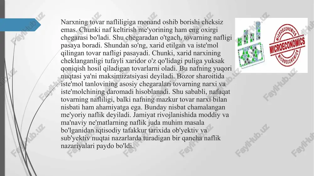 gar biror odam juda och bo‘lsa va bitta non yesa — bu unga juda katta lazzat beradi. ikkinchi non ham yoqadi, lekin birinchisiga qaraganda biroz kamroq. uchinchi non esa undan ham kam lazzat beradi. to‘rtinchi, beshinchi va hokazo... oxir-oqibat esa odam to‘yib qoladi va keyingi non unga qiziq bo‘lmaydi. e’tiboringiz uchun rahmat image1.png image2.png image3.png image4.png image5.png microeconomics ft price a — /docprops/thumbnail.jpeg