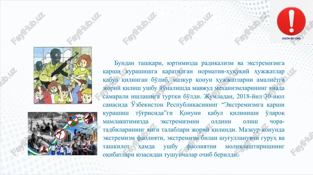 nsub bo'lgan tarafdorlarini radikal harakatlarga chorlovchi, mamlakatdagi tinchlik va osoyishtalikni izdan chiqarishga intiluvchi, mavjud konstitutsion tuzumni ag'darib tashlashga da'vat etuvchi tajovuzkor siyosiy faoliyatdir. shu kabi tajovuzkor harakatlar garchi ekstremizm degan nom bilan atalmasa-da, tarixda turli nomlarda ko'p marotaba kuzatilgan. 10 ekstremistik kayfiyatdagi shaxs dindan dunyoviy davlatga qarshi kurashda foydalanadi. unga ko'ra, go'yo hozirgi kundagi barcha musulmonlar islomiy mohiyatini yo'qotganlar va johiliyat asrida yashamoqdalar. bunday yondashuv hukumat va uning olib borayotgan siyosatini keskin tanqid qilish uchun go'yoki asos bo'lib xizmat qiladi. o'zidan boshqani “haqiqiy musulmon” sanamaydigan ekstremistlar hokimiyatga kelish va “islomiy tartib”ni qaror toptirishning yagona yo'li keskinlikni keltirib chiqarish va jangarilik yo'li bilan hukumatni bosib olish lozim deb hisoblaydi. 11 aslida esa ekstremizm g'oya tarafdorlarining asosiy maqsadi diniy qadriyatlarni qaytadan tiklash emas, balki ana shu g'oyalardan faqat vosita va niqob sifatida foydalanish orqali mintaqada beqarorlikni, diniy va millatlararo nizolarni vujudga keltirish, iqtisodiyotni turli yo'llar bilan izdan chiqarish va iqtisodiy inqirozni yuzaga …