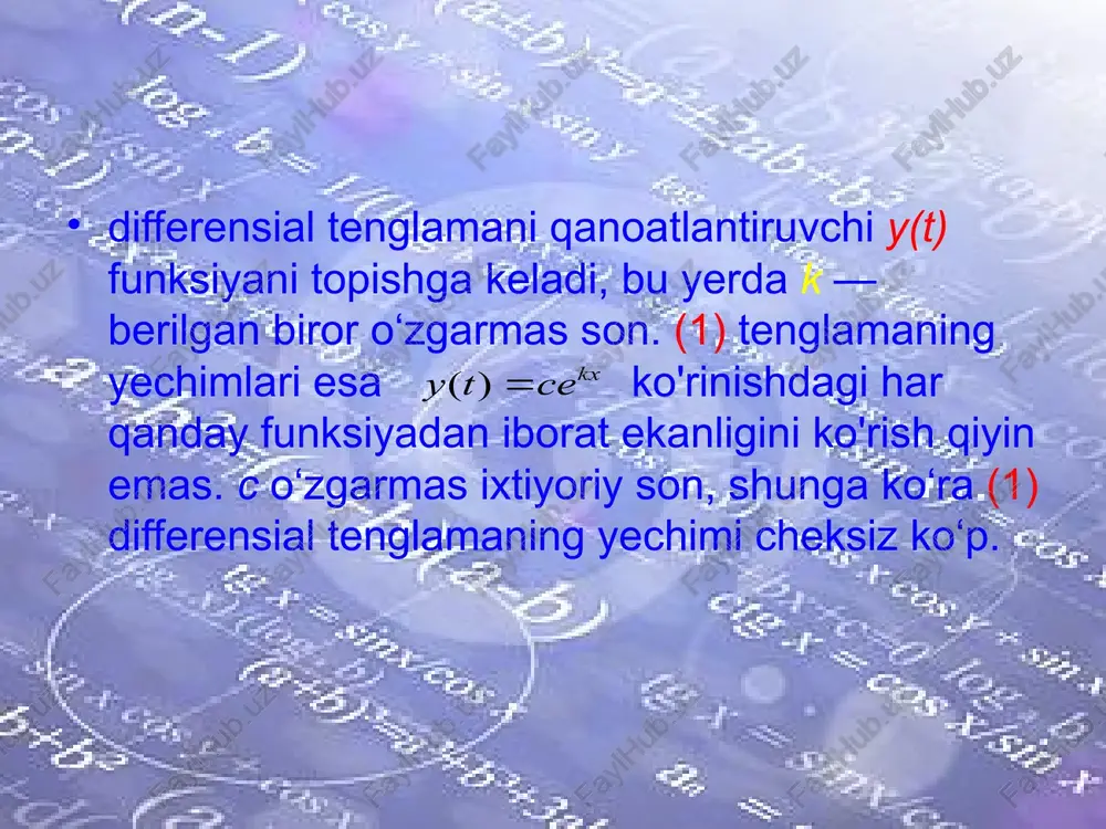 artni qanoatlan- tiruvchi yechimi uning xususiy yechimi deb ataladi. 1-misol. y' = 1 differensial tenglamaning umumiy yechimi y = x + c funksiyadan iborat, bunda c - ixtiyoriy son. buni tekshiramiz. yechish. y' = (x + c )' = 1. topilgan natija berilgan tenglamaga qo'yilsa, 1=1 ayniyat hosil bo'ladi. c ning turli qiymatlariga tenglamaning turli xususiy yechimlari mos keladi. ular koordinatalar tekisligida y = x bissektrisaga (c = 0 holi) parallel to‘g‘ri chiziqlar to’plamini tashkil etadi (1- rasm). 1-rasm. umuman, y' = f(x) (1) ko’rinishdagi tenglamalar eng sodda differensial tenglamalardir. (1) tenglamani yechish uchun uni ko'rinishga, so'ngra dy = f(x)dx ko’rinishga keltiramiz. endi tenglikning ikkala qismini integrallasak yoki ga ega bolamiz. agar f(x) funksiya f(x) funksiyaning boshlang'ich funksiyalaridan biri bo‘lsa, izlanayotgan umumiy yechim quyidagi ko’rinishda bo’ladi: (2) differensial tenglamani yechish uni integrallash deyiladi. odatda differensial 2-rasm. tenglamaga o£zgarmas c ni aniqlaydigan boshlang‘ich shartlar qo‘yiladi. 2-misol. y' = 2x differensial tenglamaning …
