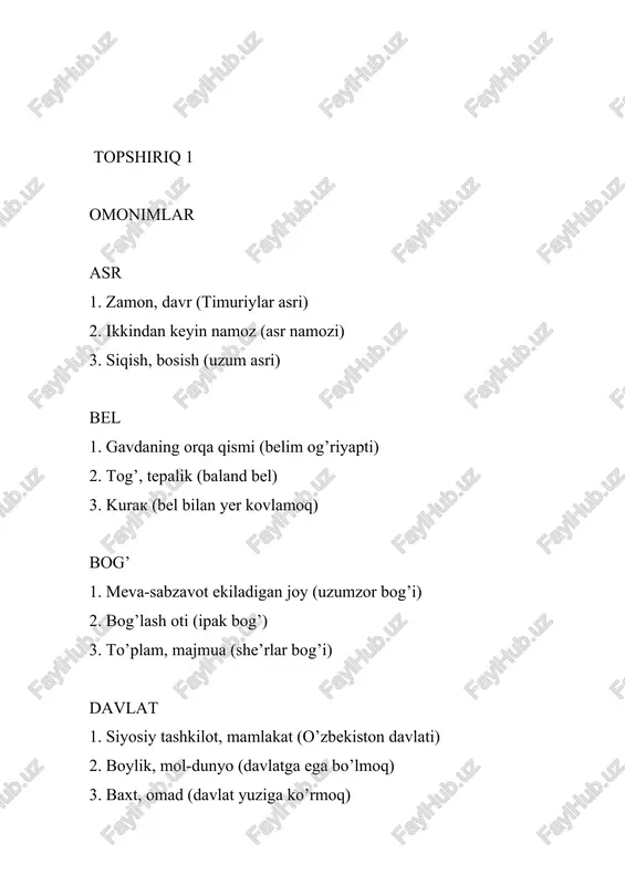 o’z ma’nosi: tilni topish, tillash misol: bolaning tilini topdim. ko’chma ma’no: umumiy fikr, til birlashtirmoq misol: biz u bilan til topdik. 11. bosh qo’shmoq o’z ma’nosi: boshlarini bir-biriga yaqinlashtirish, qo’shish misol: uxlash uchun bosh qo’shishdi. ko’chma ma’no: yashirincha gaplashmoq, sir suxbat qilmoq misol: burchakda bosh qo’shib turishibdi. 12. ko’z yummoq o’z ma’nosi: ko’zni yopish, yumish misol: chaqnab ketdi, ko’zimni yumdim. ko’chma ma’no 1: vafot etmoq, o’lmoq misol: onam kecha ko’z yumdi. ko’chma ma’no 2: ko’rmayotgandek bo’lish, e’tibor bermaslik misol: aybi bor, lekin ko’z yumdim. 13. qo’l uzatmoq o’z ma’nosi: qo’lni cho’zish, uzatish misol: salom berish uchun qo’l uzatdi. ko’chma ma’no: yordam taklif qilmoq misol: qiyin vaqtda qo’l uzatdi. 14. boshdan kechirmoq o’z ma’nosi: boshdan o’tkazmoq, o’tib ketmoq misol: qo’lni soch ustidan boshdan kechirdi. ko’chma ma’no: boshiga kelmay tajriba qilmoq, o’z ustida his qilmoq misol: ko’p qiyinchiliklarni boshdan kechirdim. 15. yurak ezmoq o’z ma’nosi: yurakning siqilishi misol: qayg’udan yuragim ezildi. ko’chma …