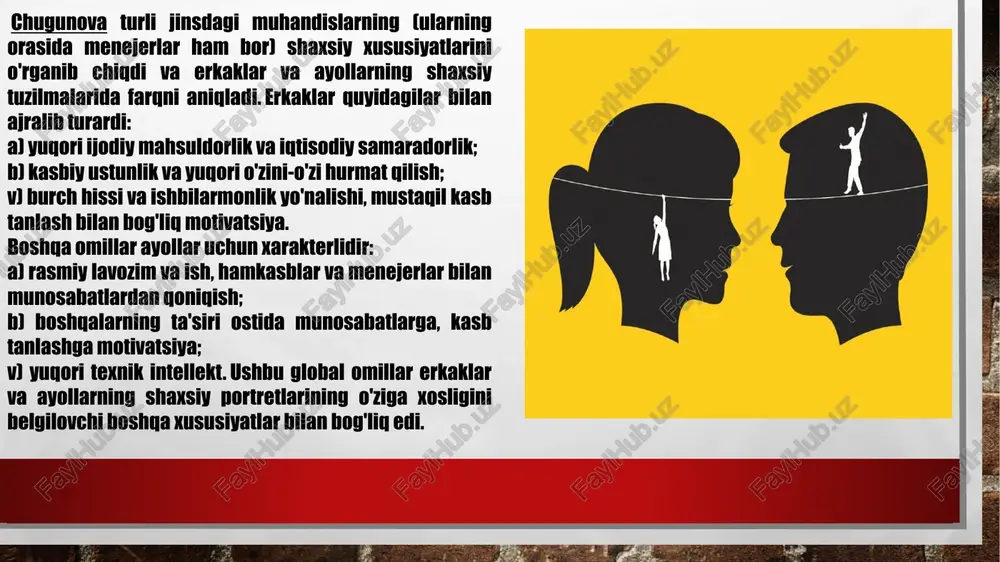 vaziyat-ish yondashuvi (r. house, j. hunt) birinchi o'ringa shaxsning rasmiy tuzilmadagi mavqeini, uning tashkilotda egallagan mavqeini qo'yadi, jinsi emas (erkak va ayol rahbarlar farq qilmaydi). bir-biridan). b) f.fidler tomonidan ishlab chiqilgan ehtimolli etakchilik modeli, garchi kamdan-kam hollarda gender tafovutlariga ishora qilsa-da, ayollar va erkaklar turli yetakchilik uslublaridan foydalangan taqdirdagina yetakchilik samaradorligida farqlanadi, degan postulatlarni ilgari suradi. c) r. xausning maqsadli nazariyasi ham amalda rahbarlarning gender tafovutlarini ko'rib chiqmaydi, biroq u direktiv etakchilik uslubi faqat tuzilmagan vazifada foydali bo'lishini ko'rsatadi. ya'ni, ayollar va erkaklar etakchilari turli vaziyatlarda samaradorlik bo'yicha ustunlikka ega bo'ladi deb taxmin qilish mumkin. d) o'z qo'l ostidagilarni o'zgartirish va super yutuqlarga erishishga undash qobiliyatiga ega bo'lgan yuqori darajada transformatsion lider g'oyasi (b. bass, j. hunt va boshqalar). ushbu sohada olib borilgan tadqiqotlar shuni ko'rsatdiki, erkaklar va ayollarning yuqori o'zgaruvchan lider bo'lish qobiliyati tengdir. 4) etakchilikning aslida gender nazariyalari. a) "gender oqimi" tushunchasi (barbara gutek). ushbu kontseptsiyaga ko'ra, etakchini …