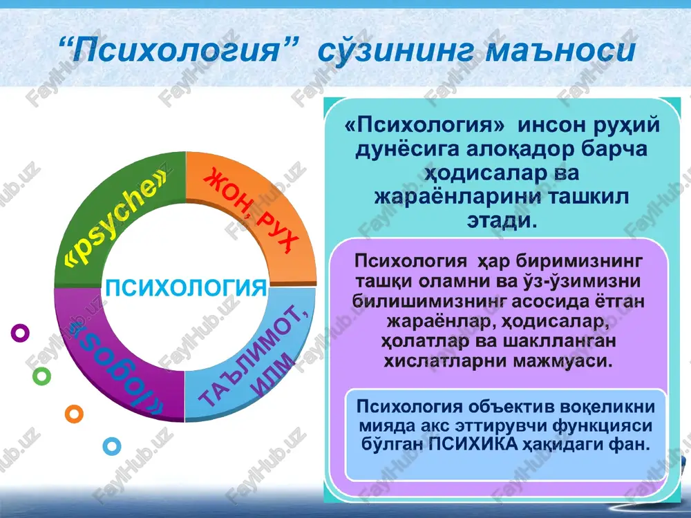 oxalari mavjud. bular: umumiy psixologiya, pedagogik psixologiya, yosh davrlar psixologiyasi, ijtimoiy psixologiya, mehnat psixologiyasi, injenerlik psixologiyasi, yuridik psixologiya, xarbiy psixologiya, tibbiyot psixologiyasi, savdo psixologiyasi, etnopsixologiya, oilaviy hayot psixologiyasi, boshqaruv psixologiyasi, iqtisodiy psixologiya, shaxs psixologiyasi, rahbar psixologiyasi, muloqot psixologiyasi, intellekt psixologiyasi, psixodiagnostika va boshqalar. quyidagi psixologiya sohalariga to'xtalib o'tamiz. quyidagi psixologiya sohalariga to'xtalib o'tamiz. psixologiya fanining tadqiqot metodlari kuzatuv tajriba so'rovnoma a) uzluksiz; b) o'zini-o'zi kuzatish a) laboratoriyada tajriba o'tkazish; b) tabiiy sharoitda tajriba o'tkazish v) kesma suhbat tarjimaixol intervyu sotsiometriya test statistik ma'lumotlarni qayta ishlash freydizm geshtaltpsixologiya gumanistik psixoligiya bixeviorizm asosiy adabiyotlar james w, kalat, “intoduction to psychology” 2015. myers, d. g. psychology. hope college. holland, michigan, 2017. - r.910 kelvin seifert and rosemary sutton, “ educational psychology”, 2015 karimova v.m. ijtimoiy psixologiya. darslik.-t.: «fan va texnologiya», 2014. – 176 b. m.e.zufarova umumiy psihologiya - t.: “ o'zbekiston faylasuflari milliy jamiyati”– 2014. n.xolyigitova, d.abdumadjidova kasbiy psixologiya o'quv qo'llanma –t.: “iqtisod-moliya, …