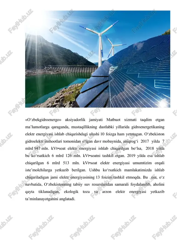 qayta tiklanuvchi quyosh, shamol energiyasi, yer harorati (geotermal), suv oqimlarining tabiiy harakati, biomassa energiyasi. xullas, «yashil energiya»ning asosida yer yuzidagi hayot manbai bo‘lgan quyosh yotibdi. shamol ham, suvning tabiatda erkin aylanishi va boshqa iqlim sharoiti bilan bog‘liq jarayonlarning barchasi gallaktikamizning markaziy sayyorasi — quyoshning faolligi hisobiga amalga oshadi. u qayta ishlangani uchun «qayta tiklanuvchi» deb, ekologiyaga deyarli zarari bo‘lmagani uchun «yashil energiya» deb ta’riflanadi va, yuqorida ta’kidlanganidek, bugungi kunda yer yuzida, shu jumladan o‘zbekistonda ham asosiy ishlab chiqarish neft mahsulotlari evaziga bo‘lgani uchun unga «muqobil» maqomi berilgan. xo‘sh, qayta tiklanuvchi energiya salmog‘ini oshirish bo‘yicha o‘zbekistonda qanday islohotlar, aniqroq aytganda, qanday loyihalar amalga oshirilmoqda? «yashil energiya»ning investitsion loyihalari 1. karmanada 100 mvt quvvatli quyosh elektr stansiyasini qurish loyihasi xalqaro moliya korporatsiyasining texnik ko‘magida, davlat-xususiy sherikligi asosida «navoiy viloyatining karmana tumanida quvvati 100 mvt bo‘lgan quyosh elektr stansiyasini qurish» bo‘yicha e’lon qilingan xalqaro tenderda birlashgan arab amirliklarining «masdar energy» kompaniyasi g‘olib deb …