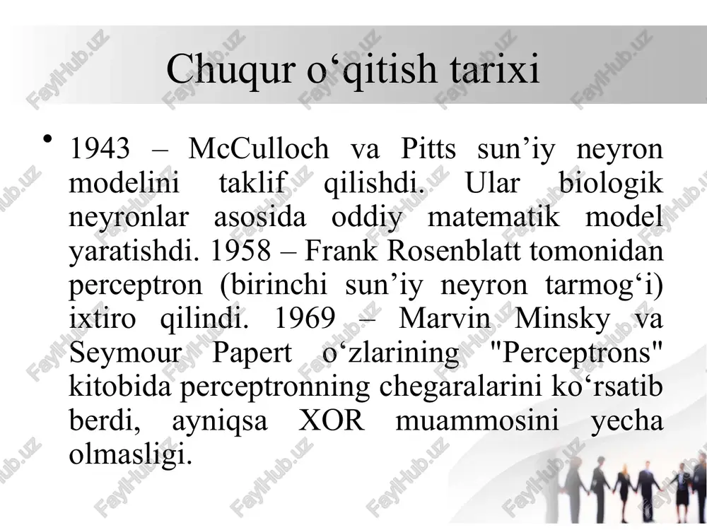 yashirin (hidden), chiqish. har bir neyron boshqa neyronlarga bog‘langan. foydalanish sohasi: oddiy regressiya, klassifikatsiya, tavsiya tizimlari. chuqur o‘qitish algoritmlari cnn (convolutional neural network) — konvolyutsiyali neyron tarmoq rasmlar va videolar bilan ishlashga mo‘ljallangan. “konvolyutsiya” orqali rasm xususiyatlarini (chegara, shakl, tuzilma) aniqlaydi yoki konvolyutsiya — bu rasm (yoki boshqa ma’lumot) ustida kichik filtrlar (kernel) yordamida ishlov berish jarayoni. pooling + flatten + dense qatlamlar mavjud. foydalanish sohasi: rasm tanish, yuz aniqlash, self-driving cars. self-driving car — bu haydovchisiz harakatlana oladigan avtomobil, ya’ni sun’iy intellekt yordamida o‘zi qaror qabul qilib, harakatlanadi. chuqur o‘qitish algoritmlari rnn (recurrent neural network) — rekurrent neyron tarmoq ketma-ket ma’lumotlar uchun (time series, matn, audio). (time series — bu vaqtga bog‘liq bo‘lgan ketma-ket ma’lumotlar.) o‘zida vaqt bo‘yicha oldingi ma’lumotni eslab qoladi. har bosqichdagi chiqish — keyingisiga ta’sir qiladi. foydalanish sohasi: matn tahlili, tarjima, ovoz tanish, chatbotlar. chuqur o‘qitish algoritmlari lstm (long short-term memory) rnn ning yaxshilangan ko‘rinishi. “uzoq …