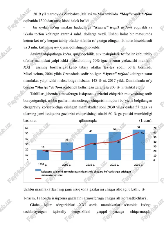 yy 2000 y. 2010 y. 2020 y. 2030 y. issiqxona gazlarini atmosferaga chiqarishda chegara ko‘rsatkichga erishgan mamlakatlar soni global issiqxona gazlarining 26%i - aqshga, 22%i- yevropaga to‘g‘ri kelgani holda, ushbu gazlarning bor-yo‘g‘i 3,8%i- afrika qit’asi hissasiga to‘g‘ri keladi. issiqxona gazlarining 80%i- rivojlangan mamlakatlarga tegishli bo‘lib, ushbu mamlakatlar 2030 yilga qadar ushbu ko‘rsatkichni 20-40%gacha qisqartirish majburiyatini olishgan. global iqlim o‘zgarishlari bilan bog‘liq muammolarni hal etishda bmt yetakchi mavqega ega. bmt tomonidan 1972 yil stokgolmda o‘tkazilgan atrof- muhit masalalari bo‘yicha konferensiyada qabul qilgan deklaratsiya atrof- muhit bilan bog‘liq muammolarga e’tibor qaratilgan dastlabki xalqaro hujjat hisoblanadi. mazkur hujjatda atrof-muhitga ta’sir ko‘rsatadigan iqtisodiy faoliyat tartibga solinishi kerakligi ta’kidlangan. deklaratsiyada kelajakda xalqaro milliy siyosatlarni ishlab chiqishda asos bo‘luvchi 26 tamoyil belgilangan. ushbu tamoyillarga ko‘ra har qanday iqtisodiy faoliyatni tartibga solishda hozirgi va kelgusi avlodlar manfaatlari hisobga olinishi zarur. har bir insonda erkin, teng va munosib turmush sharoitiga ega bo‘lish huquqi mavjud. qazib olinadigan resurslarni iste’mol …