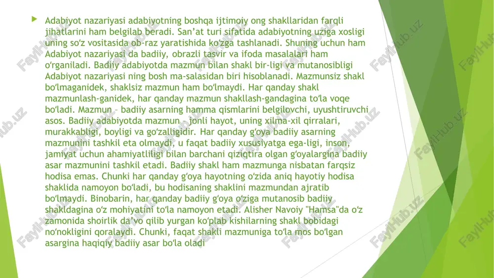 am’i muxtasar" kabi asarlarida aruz, qofiya va badiiy san’-atlar haqida alohida-aloxdda fikr yuri-tilgan. sharq adabiy-nazariy ta’limoti asosan she’riyat materialiga asoslangan boʻlib, ularda badiiy nasr, dramaga oid nazariy kuzatishlar uchramaydi. adabiyot — fikr, tuyg‘ularimizdag‘i so‘zlar, gaplar yordami bilan tasvir qilib, boshqalarda ham xuddi shu holatni yaratmoqdir. bu ta’rif adabiyotning to‘g‘ri ta’rifidir. shul bilan yozilg‘an asarlarga adabiy asar deyiladir. adabiyotning ikinchi bir ta’rifi, bir turli tartibg‘a solinib yozilg‘an butun asarlardir. bu ta’rifg‘a qaraganda, bir tilda yozilg‘an butun asarlar shu tilning adabiyoti boiadir. ham shunday ishlatadirlar: rus adabiyoti boydir. 0 ‘zbek adabiyoti kambag‘aldir kabi. biroq bu ta’rifning bizning darsimizg‘a boylanishi yo‘qdir. bizning adabiyotimizg‘a kirgan «adabiyot» so‘zi birinchi ta’rifdagi «adabiyot»dir. birinchi ta’rifg‘a ko‘ra adabiyot sanalg‘an asarlar yozmoq uchun ko‘zda tutilishi lozim boig‘an tuzuklar, qonunlarg‘a adabiyot qoidalari deyiladir. bizning bu darsda ko‘rganimiz shu «adabiyot tuzuklari»dir. adabiyotning mavzui butun tabiat, borhq dunyosi, insonning o‘z ichki-tashqi dunyosida sezib onglag‘anlaridir. bir tomchi suvdan tengizgacha, bir uchqundan buyuk bir …