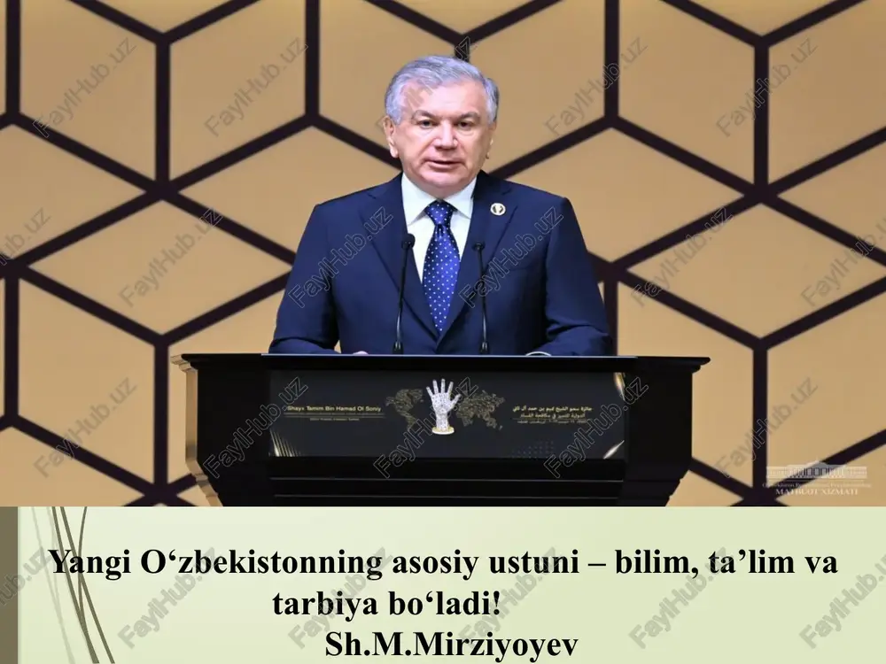 asi restavratsiya qilinadi. 8. kino sohasi rivojlantiriladi. bu borada “tirik tarix” seriyasida vatanimizning shonli o‘tmishiga bag‘ishlangan filmlar yaratish dasturi ishlab chiqiladi. milliy seriallar bo‘yicha mavjud tizimni tubdan isloh etish, ularni g‘oyaviy-badiiy va texnik jihatdan jozibali darajaga yetkazish zarurligi ta’kidlandi. buning uchun it-park kabi erkin iqtisodiy zona – “cinema park” tashkil qilish tashabbusi ilgari surildi. 9. tasviriy va amaliy san’at sohasini rivojlantirish bo‘yicha dastur qabul qilinadi. jumladan, markaziy ko‘rgazmalar zali rekonstruksiya qilinib, jihozlanadi. badiiy fond hududida zamonaviy galereya binosi quriladi hamda 40 ta ijodiy ustaxonadan iborat yosh rassomlar markazi tashkil etiladi. xattotlik va miniatyura san’ati ta’limini amaliyot bilan bog‘lash maqsadida milliy usulda qog‘oz tayyorlash ustaxonasi tashkil etiladi. ma'naviy tarbiya muayyan shaxsning ma'naviy rivoji, dunyoqarashi, axloqiy qiyofasi, estetik didini o'stirishga yo'naltirilgan pedagogik faoliyat bo'lib, har qanday ma'naviy tarbiya ta'lim bilan chambarchas bog'liq holdagina mavjud bo'ladi o'zbekiston respublikasi prezidentining 2019 - yil 3- maydagi “ma'naviy-ma'rifiy ishlar samaradorligini oshirish bo'yicha qo'shimcha chora-tadbirlar to'g'risida”gi pq- …