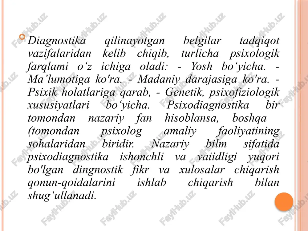 ashdiagnostika jarayonida qaysi maqsadga erishish kerakligini aniqlash muhim. bu muammo aniqlash, rivojlanish darajasini baholash yoki muayyan psixologik muolajalar natijasini kuzatish bo‘lishi mumkin. nazariy asoslar. diagnostikada ishlatiladigan metod va usullarning ilmiy asosi bo‘lishi kerak. bu psixologik nazariyalar va tadqiqotlar bilan bog‘liq. metodlar va usullar. diagnostikada ishlatiladigan asosiy metodlar quyidagilar:so‘rovnomalar (anketalar) testlar (intellektual, shaxsiy, qobiliyatlarni aniqlash) eksperimentlar kuzatish suhbat proyektiv metodlar (rasm tahlili, erkin assotsiatsiyalar) natijalarni qayta ishlash. ma'lumotlar statistik va sifatli tahlil qilinadi, bu esa ob’ektiv xulosalar chiqarishga yordam beradi. xulosa va tavsiyalar. diagnostika natijalariga asoslanib, shaxsga individual yondashuv asosida maslahat va tavsiyalar beriladi. psixologik diagnostikaning asosiy printsiplari: ilmiylik – metodlar ilmiy asoslarga ega bo‘lishi lozim. ob’ektivlik – ma’lumotlar va xulosalar shaxsiy fikrlarga emas, faktlarga asoslanadi. individuallik – har bir insonning o‘ziga xos xususiyatlari hisobga olinadi. maxfiylik – diagnostika natijalari shaxsiy sir sifatida saqlanishi kerak. etika – diagnostik jarayon inson manfaatlariga zarar yetkazmasligi lozim. amaliy ahamiyati: psixologik diagnostika quyidagi sohalarda qo‘llaniladi: …