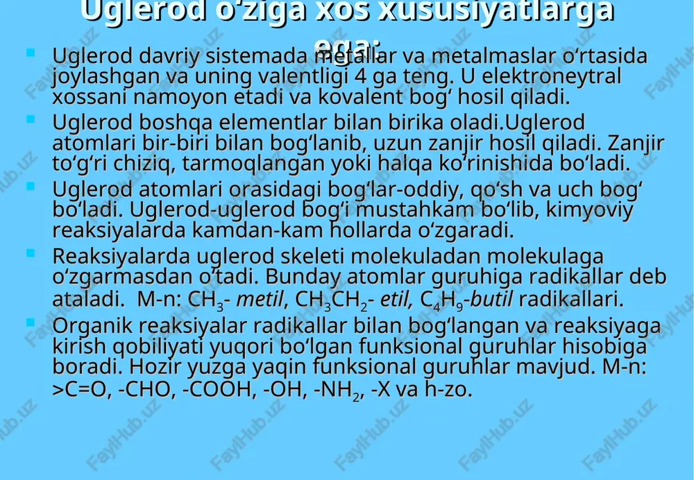 i spirtlarning qaynash haroratini 180c ga oshiradi deb hisobladi. 1844-45 yillarda gomologiya barcha organik moddalar uchun umumiy qonuniyat ekanligini jerar aniqladi. organik kimyo nazariy tushunchalarini rivojlanishi jerarning tiplar nazariyasi: 1852 yili jerar o`zining "organik kislota angidridlari haqida" maqolasida tiplar nazariyasini e`lon kildi. "organik moddalar 3 yoki 4 tiplarga bo`linishi mumkin", - deb yozgan edi jerar. 1854 yili a. kekule jerarning h2o tipiga o`hshatib h2s tipini taklif etdi. odlingdan keyin kekule "botqoqlik gazi" (ch4) tipini taklif etdi. 1857-58 yillarda asosiy va qo`shimcha tiplarni yaratib ularning farqini ko`rsatdi: a) asosiy tip hh nh3 h2o b) qo`shimcha tip hcl ph3 h2s sh3 sh3 sh3 sh3 organik birikmalarning tuzilish nazariyasi 1861 yili nemis tabiatshunoslarining s`ezdida kekule o`zining fandagi tiplar nazariyasidan voz kechadi, moddalarning emperik formulalarga o`tish yo`li bilan ular tarkibini aniqlash mumkinligini e`lon qildi. a. kuper (1831-1892 yy.) "yangi kimyoviy tuzilish haqida" maqolasi bilan chiqib, element valentligi uning kimyoviy tabiatini belgilaydigan muhim xossasidir deb …