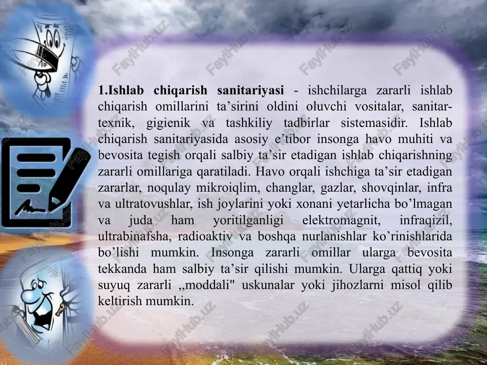 hchilar va ishlab chiqarish jarayonini boshqarayotgan opyeratorlar ishiga halaqit byerib, ularni xatoliklarga yo’l qo’yishiga sabab bo’ladi. bunday tashqari shovqin ishlab chiqarishda jarohatlanishlarni keltirib chiqaradigan asosiy manba hamdir. katta shovqin ta’sirida insonning asab sistemalari zirkillaydi, eshitish organining faoliyati pasayishi kuzatiladi. shu sababli ishlab chiqarishda shovqinni kamaytirish muhim masalalardan biri hisoblanadi. insonning mavjud beshta sezgi organi ichida, eshitish a’zosi o’ziga xos ahamiyatga egadir. aynan eshitish orqali inson boshqa insonlar bilan muloqat qiladi, xavf-xatarni farqlaydi, anglaydi va o’z madaniyatini yuksaltiradi. inson o’zining eshitish sezgilari yordamida toza tovushlarni, aralash tovushlarni va shovqinni farqlaydi. toza tovush bir xil chastotadagi sinusoidal tebranishlardan iboratdir. bir sekunddagi tebranishlar soni tovush chastotasi deb ataladi. tovush chastotasi fizik olimi genrix gyerts (1857-1894 y.y) sharafiga “gyerts” (gts) bilan o’lchanadi. aralash tovush bir necha toza tovushlarning yig’indisidan iborat. shovqin esa har xil chastota va tebranishdagi tovushlar aralashmasidir. tovush intensivligining o’lchov birligi “bel” qabul qilingan. u telefon yaratilishining asoschisi, aleksandr geyama bel (1847-1922) …