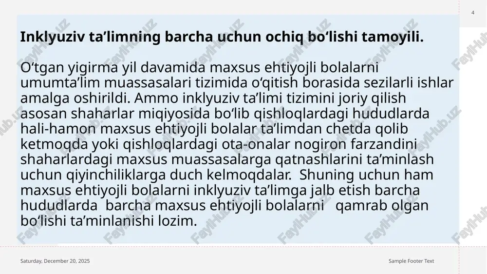 arzda o‘qitilayotgan sinflarda yuqori malakali o‘qituvchilarning dars berishi talab etiladi. bundan tashqari inklyuziv sinf o‘qituvchisi defektologiya sohasi bo‘yicha ham malaka oshirgan bo‘lishi kerak. wednesday, september 25, 2024 sample footer text 10 inklyuziv ta’lim bosqichlari izlab topish va jalb qilish bosqichi maxsus ehtiyojli bolalar bilan shug‘ullanish bosqichi. reabilitatsiya bosqichi integratsiya bosqichi wednesday, september 25, 2024 sample footer text 11 1.izlab topish va jalb qilish bosqichi. millatning etnopsixologik xususiyatlaridan biri bo‘lmish nogiron farzandini boshfalardan bekitish hollari esa nogiron bolalar kelajak hayoti uchun juda fojeali holatdir. mana shunday salbiy oqibatlarni oldini olish maqsadida aholi o‘rtasida targ‘ibo-tashviqot ishlarini olib borish lozim. oilaga, ya’ni asosan ota-onalarga nogiron bola ham maktab ta’lim-tarbiyasini olishi shart ekanligini to‘g‘ri tushintirib bera olish kerak. shunday usullar bilan ta’limdan chetda qolib ketgan nogiron bolalarni izlab topish imkoni yaratiladi. ro‘yxatga olingan bolalar o‘z yaqin arofidagi umumta’lim maktablariga jalb etiladi. wednesday, september 25, 2024 sample footer text 12 2.maxsus ehtiyojli bolalar bilan shug‘illanish …