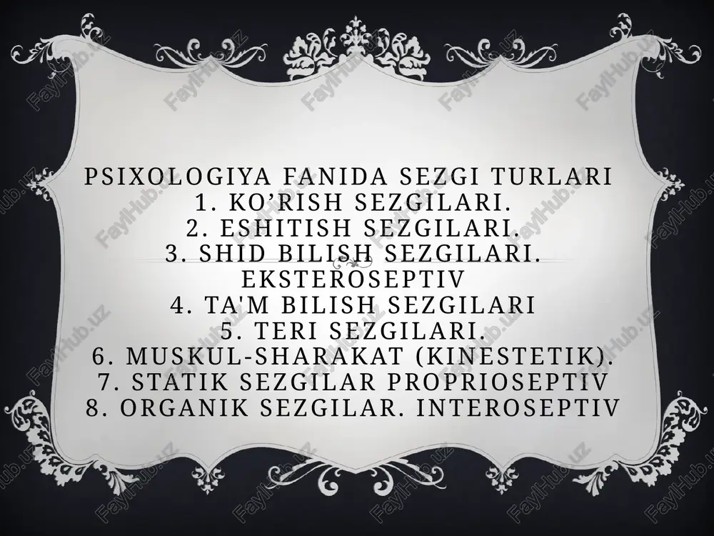 a'zosiga naralarning tegishini sezish tashqi qo’zqalish kuchayganda siqiqni sezishga aylanadi, u yanada kuchayganda siqiq oqriq sezgisiga aylanadi. tuyish sezgilari organi - teridagi va tashqi shilliq pardalardagi tuyish tanachalari deb nomlanuvchi tanachalardan iboratdir. tanachalarning ichida, qisman tashqarisida (epiteliyda) tuyish nervining chekka tarmoqlari mavjud, ular terida va shilliq pardalarda bir tekis taqsimlangan. ular barmoqlarning uchlarida, til uchida, labda zich joylashgan, xuddi shu boisdan sezgirlik darajasi boshqalardan yuksakroqdir. qaysi yerda tanachalar siyrak bo’lsa, demak u joylarda sezish ko’rsatkichi shunchalik pastdir. muskul - sharakat sezgilari va statik sezgilar.muskul-sharakat sezgilari motor sezgilari, gosho kinestetik sezgilar deb nomlanib, ularga oqirlikni, qarshilikni, organlar sharakatini bilish sezgilari kiradi. ularning organlari - gavda muskullari, paylar, bo’qimlardan iboratdir. organlarning tarkibida sezuvchi nervlarning chekka tarmoqlari mavjud bo’lib, ularning ta'sirida sharakat va statik sezgilar vujudga keladi. muskul-sharakat sezgilarining fizik sababi muskullarga ta'sir etuvchi karsalarning mexanik tayziqi va gavda sharakatlaridir. statik sezgilar gavdaning fazodagi sholatini sezish va muvozanat saqlash sezgilar deb ataladi. gavdaning …