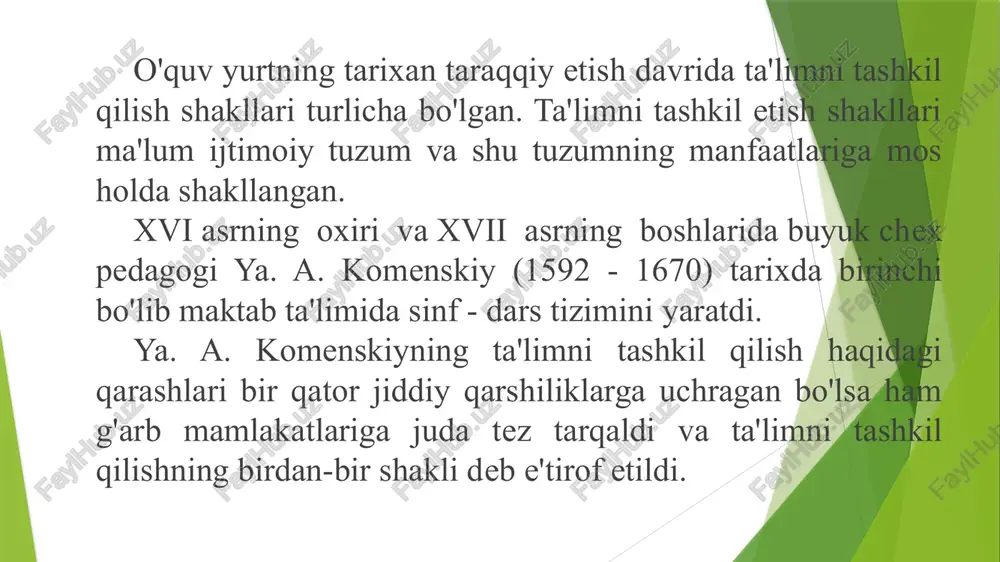 azifani hammaga yoki bir necha o'quvchiga berishi, ma'ruzachini esa mashg'ulot boshlanishida tayinlashi mumkin. 15-modda. ta’lim olish shakllari ta’lim olish shakllari quyidagilardan iborat: ishlab chiqarishdan ajralgan holda ta’lim olish (kunduzgi); ishlab chiqarishdan ajralmagan holda ta’lim olish (sirtqi, kechki, masofaviy); dual ta’lim; oilada ta’lim olish va mustaqil ta’lim olish; katta yoshdagilarni o‘qitish va ularga ta’lim berish; inklyuziv ta’lim; eksternat tartibidagi ta’lim; mudofaa, xavfsizlik va huquqni muhofaza qilish faoliyati sohasida kadrlar tayyorlash. e’tiboringiz uchun raxmat! image1.png image2.jpeg image3.jpeg image4.jpeg image5.jpeg image6.jpeg image7.jpeg