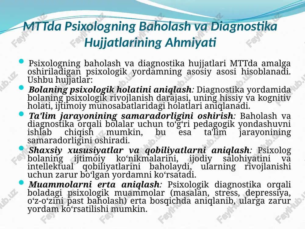 bola liderlik qobiliyatini yoki tengdoshlari bilan muloqotdagi muammolarni namoyon qilishi mumkin. 2. suhbat shaklining amaliyoti amaliy qo‘llanilishi: individual yoki guruhiy suhbatlar o‘tkazib, bolalarning hissiy holatini aniqlash. bola o‘zini qiziqtirgan mavzular haqida gapirish orqali ichki dunyosini ochib berishi. misol: psixolog bolaning maktabdagi tajribalariga qiziqib, savollar beradi: "maktabda eng yaxshi kuning qachon o‘tgan?" yoki "eng yaxshi do‘stlaring kimlar?" bu bolaning hissiy barqarorligini o‘rganishda yordam beradi. 3. testlar va diagnostik vositalarni qo‘llash: amaliy qo‘llanilishi: bolaning intellektual rivojlanishini baholash uchun ravenning progressiv matritsalari kabi testlarni ishlatish. hissiy holatini o‘lchash uchun masalan, "chizma orqali tashxis" (oila a'zolarining chizmasi). misol:7 yoshli bolaning rivojlanish darajasini aniqlash uchun wechsler bolalar intellekt testlari (wisc) o'tkaziladi. bu orqali bolaning kuchli va zaif tomonlari aniqlanadi. 4. loyihaviy usullardan foydalanish amaliy qo‘llanilishi: bolaning hissiy va psixologik muammolarini o‘rganish uchun "oilam" yoki "sehrli hayvonlar" kabi loyihaviy testlardan foydalanish. ichki konfliktlar va qo‘rquvlarni aniqlash. misol:psixolog boladan o‘z oilasini chizib berishni so‘raydi. bola oilaviy a'zolarni …